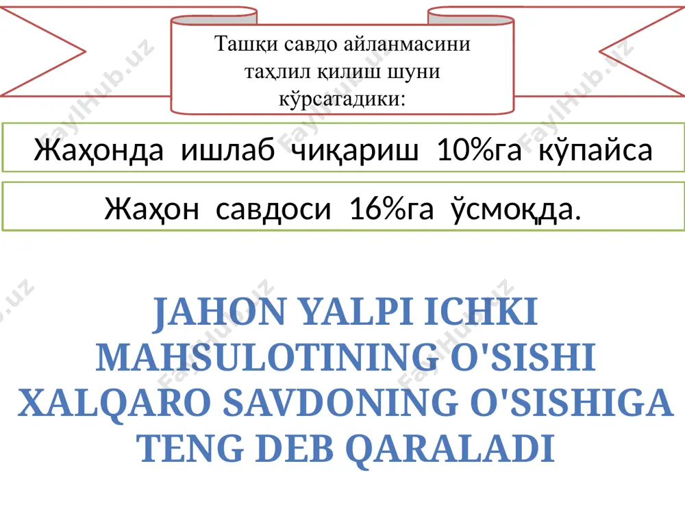 и кутган эди. натижа бунинг қарама-қаршиси бўлиб чиқди: ақш импортининг капитал сиғимлилиги унинг экспорти капитал сиғимлилигидан 30 фоизга кўп чиқди, бу эса ақш капитал сероб бўлган мамлакат эмас, балки меҳнат сероб мамлакат эканлигидан далолат берарди, ушбу ҳолат мавжуд тасаввурларга умуман мос келмас эди. ташқи савдо сиёсати — бюджет-солиқ сиёсатининг ташқи савдо ҳажмларини солиқлар, субсидиялар, импорт ёки экспортни тўғридан-тўғри чеклашлар орқали тартибга солишни ўз ичига олган нисбатан мустақил йўналишидир. бирор мамлакатнинг ташқи иқтисодий фаолиятга бевосита ва билвосита аралашуви жараёни экспорт ва импорт ҳажми ва таркибига таъсир кўрсатиш орқали ички иш билан бандлиликни, макроиқтисодий барқарорликни таъминлаш, иқтисодий ўсишга эришиш, тўлов балансини яхшилаш хамда валюта курсини тартибга солиш мақсадларини кўзда тутади. давлат томонидан амалга ошириладиган бундай тадбирлар ташқи савдо сиёсати деб юритилади. товар – ҳар қандай кўчма мулк, шу жумлдан валюта ва валюта қимматликлари, электр, иссиқлик ва бошқа энергия турлари, транспорт воситалари (йўловчилар ва товарлар ташиш учун ишлатиладиган транспорт воситалари, шу жумладан контейнерлар …