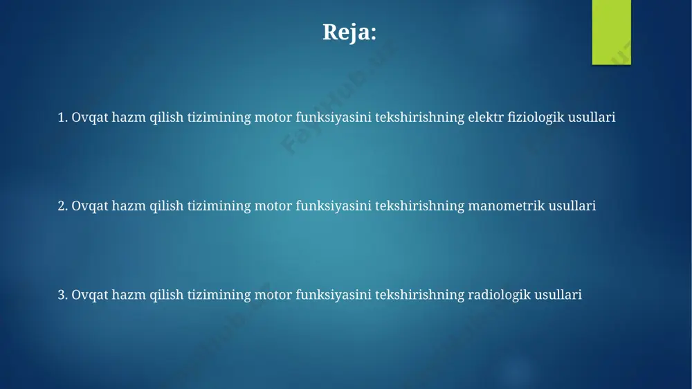 muntazam qo'llaniladi. ph-metriya ph-metriyaning yuqori aniqligi (90% dan yuqori) tufayli, 5 dan ortiq ph oʻlchov nuqtalarini qoʻllash orqali oʻt pufagining funksiyasini baholashda ishonchli natijalar olish mumkin. ph-metriya oʻtkazishda, masalan, oʻn ikki barmoq ichakning lümenida 7,0 dan yuqori ph qiymati gastrin sekretsiyasining pasayishini va shuning uchun oshqozon kislotaligining kamayishini koʻrsatishi mumkin. kolonometriyasi kolonometriya jarayoni davomida 10-15 minut davom etadigan, og'riqsiz, lekin ba'zan bezovtalik keltiruvchi havo kiritish jarayoni o'z ichiga oladi. o'zbekistonda kolonometriya ko'plab zamonaviy klinikalarda amalga oshiriladi va 5-10 mm diametrdagi poliplarni aniqlashga imkon beradi. anorektal manometriyasi anorektal manometriya yordamida siydik chiqarishning buzilishi bilan bog'liq anormal bosimlarni aniqlash mumkin. masalan, germaniyada o'tkazilgan tadqiqotlar bu usulning samaradorligini tasdiqlaydi. ushbu tekshiruv davomida 10-15 daqiqa davomida turli bosim darajalarini aniqlash orqali defekatsiya jarayonida rektum va anal sfinkterlarining mushaklar faoliyatini tahlil qiladi. kapsulyali endoskopiya kapsulyali endoskopiya yordamida oshqozon-ichak traktining 360 daraja tasvirini olish mumkin bo'lib, bu esa 10-20 minut davom etadi va o'rtacha 50 000 …