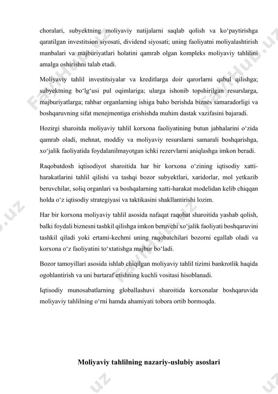 korxonalar oldida juda keng imkoniyatlar ochilmoqda. nafaqat xo‘jalik yurituvchi subyektlar jamoasi, mulk egalari, investorlar balki butun bir davlatlar va jamoatchilik tizimi ham boshqaruvdagi o‘zgarish va rivojlanishdan manfaatdordirlar. zamonaviy boshqaruvni: - yaqin va uzoq davriylikni qamrab olgan – rejalashtirish; - mulk egalari va maqsadli foydalanuvchilarni moliyaviy va boshqa axborotlar bilan ta’minlovchi – buxgalteriya hisobi; - axborotlarni chuqur qayta ishlash, faoliyatga obyektiv baho berish, iqtisodiy va moliyaviy imkoniyatlarni aniqlash orqali tezkor, joriy va istiqboldagi boshqaruv strategiyasini belgilab beruvchi – iqtisodiy tahlil; - faoliyatni yo‘lga qo‘yish va maqsadli boshqarishning aniq yechimlari va natijaviyligini ta’minlovchi, innovatsion va aqlli iqtisodni ta’minlashga imkon beruvchi – ilmiy faoliyat; - faoliyat samaradorligi va natijaviyligidan kelib chiqqan holda munosabatlarni muvofiqlashtirishning muhim mezoni bo‘lgan – mehnatni munosib rag‘batlantirish; - va boshqa (ijtimoiy, ekologik, texnikaviy, tashkiliy) jihatlarni qamrab olgan – murakkab tizim deb qarash lozim. xo‘jalik yurituvchi subyektlari oldida turgan muhim vazifalarni hal etilishiga albatta axborotlar oqimi va ularni tahliliy xulosalariga …