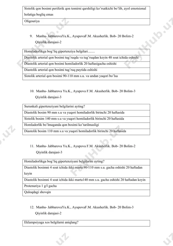 ating? insult njybk dvs-sindromi anemiya 14. manba- jabbarovayu.k., ayupovaf.m. аkusherlik. bob- 20 bolim-2 qiyinlik darajasi-3 kesar kesish yo’li bilan og’ir eklampsiya va preeklampsiada tug’ruqni amalga oshirishga ko’rsatmani belgilang? agar vaginal tug’ruq 12 soat (eklampsiyada) yoki 24 soat (og’ir eklampsiyada) davomida kutilmasa agar vaginal tug’ruq 24 soat(eklampsiyada) yoki 72 soat (og’ir eklampsiyada) davomida kutilmasa agar homilani yurak urishi normada agar bachadon bo’yni yetilgan va homila tirik 15. manba- jabbarova yu.k., ayupova f.m. аkusherlik. bob- 20 bolim-2 qiyinlik darajasi-2 magniy sulfatni peredozirovka belgilari...... nafas soni minutga 16dan kam nafas soni minutga 25dan kam tizza reflekslari kuchayadi siydik ajralishi soatiga 30 mldan kam oxirgi 4 soat davomida 16. manba- jabbarova yu.k., ayupova f.m. аkusherlik. bob- 20 bolim-3 qiyinlik darajasi-3 еklampsiyada kesar kesishga ko’rsatmalar...... eklampsiyada tutqanoqdan so’ng 12 soat davomida og’ir preeklampsiyada 12 soat ichida tug’ruq yo’llar tayyor bo’lsa eklampsiyada tutqanoqdan so’ng 24 soat davomida 17. manba- jabbarova yu.k., ayupova f.m. аkusherlik. bob- 20 …