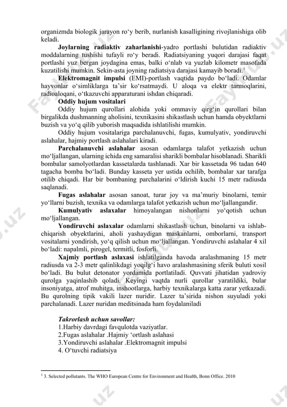 aharli moddalarning ajralib chikishi); 4. portlash va yongin havfi mavjud ob`ektlardagi avariya va falokatlar; 5. temir yo‘l va boshka transport vositalaridatashish paytidagi avariya va falokatlar; 6. havfli epidemiyalarning tarkalishi; 7. radioaktiv manbalardagi avariyalar. favqulodda vaziyatlar havfning tarkalish tezligiga kura, kuyidagi guruhlarga bulinadi: a) tasodifiy fv — er silkinishi, portlash, transport vositalardagi avariyalar va boshkalar; b) shiddatli fv — yonginlar, zaharli gazlar otilib chikuvchi portlashlar va boshkalar; v) mu`tadil (urtacha) fv — suv toshkinlari, vulkonlarning otilib chikishi, radioaktiv moddalar okib chikuvchi avariyalar va boshkalar; g) ravon fv — sekin asta tarkaluvchi havflar: kurgokchilik, epidemiyalarning tarkalishi, tuprokning ifloslanishi, suvni kimyoviy moddalar bilan ifloslanishi va boshkalar yadro quroli eng kuchli zarba beruvchi quroldir. u 5 xil zararlovchi omillar bilan ta’sir ko‘rsatadi; zarb to‘lqini; -yorug‘lik nurlanishi; -o‘tuvchi (singuvchi) radiatsiya; -joylarning radiaktiv zararlanishi; -elektromagnit impulsi. zarb to‘lqini binolarni, yer ustidagi va ostidagi qurilmalarini, suv inshootlarini, texnikalarini vayron qilish bilan birga odamlar va hayvonlarga katta zarba …