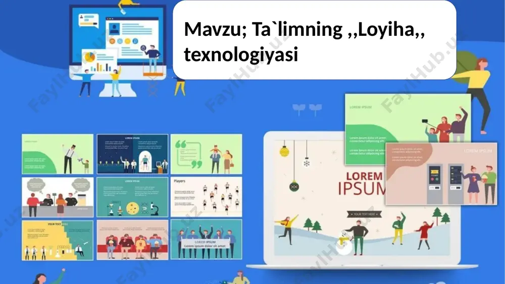usul va vositalarini asosli tanlash; -hamkorlikda ishlashni rejalashtirish va loyihadagi majburiyatlarni taqsimlash; natijalarni rasmiylashtirish; ularning umumiy taqdimotini o`tkazish; o`z-o`zini baholash va refleksiyani amalga oshirish “o`quv loyihasi” tushunchasi-texnologiyasi muayyan iste’molchiga mo`ljallangan, muammolarni izlash, tadqiqot qilish va echish, natijani noyob (moddiy yoki intellektual) mahsulot ko`rinishida rasmiylashtirishga qaratilgan talablarning mustaqil o`quv faoliyatini tashkil qilish usuli nazariy bilimlar orqali amaliy vazifalarni yechishga qaratilgan o`quv vositalari va qurollari ,rivojlantiruvchi, ta’lim va tarbiya hamda bilimlarni kengaytirish, chuqurlashtirish va malakalarni shakllantirishga qaratilgan didaktik vosita. fanlararo loyiha ; loyihaning davomiyligiga qarab qisqa muddatli, o`rta muddatli, uzoq muddatli; loyiha ishtiroqchilarining soniga qarab yakka tartibda, kichik guruh bo`lib, jamoaviy. o`quv loyihasi axborot, ma’lumot va tadqiqot maqsadlarida o`tkaziladi. 1-bosqich - tayyorlov: “loyihaga kirish” fazasi bunda talabalar quyidagilarni amalga oshirishadi: vaziyatga moslashish; muammoni shaxsan o`zlashtirish (muammoni tushunish va amaliy faoliyatning muayyan sohasi uchun uning yechimi dolzarb va muhimligini anglash); loyihaning maqsadi, muammoni hal etish masalalarini qabul qilish, aniqlashtirish va muayyanlashtirish; loyihaning natijasi …