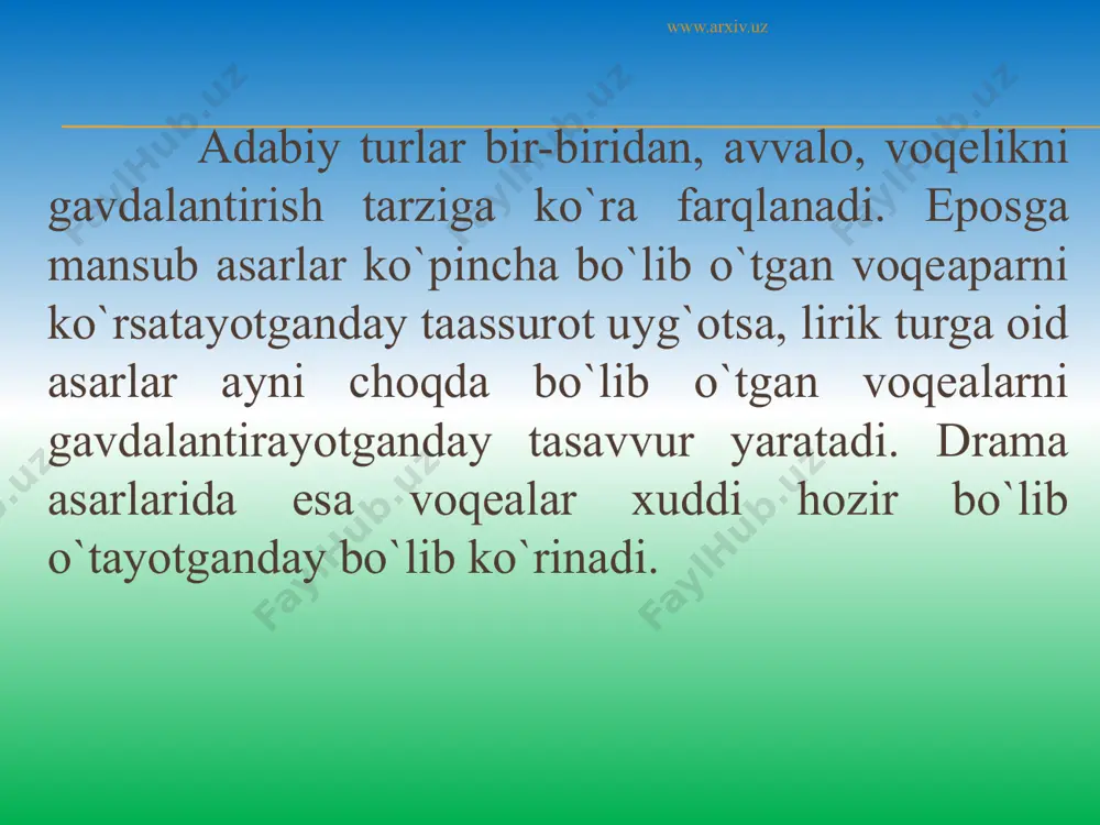 pizodni (hikoya), butun bir etapni (qissa) yoxud qahramon hayotining katta bir davrini (roman) qalamga oladi. shunga ko`ra, adabiyotshunoslikda katta, o`rta va kichik epik janrlar ajratiladi. biroq badiiy adabiyot taraqqiyotining keyingi davrlarida, eposga dramaning kirib kelishi va syujet vaqtining qisqara borishi barobari bu xil tamoyilning ojizligi ayon bo`lib qolayotir. negaki, zamonviy nasrchilikda, masalan, qahramon hayotidan katta bir davrni emas, atigi bir etapnigina qalamga olingan romanlar ham yaratilmoqda (mas., "kecha va kunduz", "ulug`bek hazinasi"). tabiiyki, bunday holatda epik asarlarni janrlarga ajratishda ularning boshqa jihatlariga ham e`tibor qilish zarur bo`ladi. jumladan, asarda qo`yilgan muammolar ko`lami janr xususiyatlarini belgilovchi unsur sifatida olinishi mumkin. www.arxiv.uz bu jihatdan katta epik shakl bo`lmish roman dunyoyu davrni bilish maqsadiga qaratilgan bo`lsa, qissa markazida qahramon xarakteri, hikoyada esa konkret hayotiy voqea turadi. ko`ramizki, roman, qissa, hikoya janrlariga mansub asar qahramonlari asarda tutgan mavqei, ahamiyati, vazifasi jihatidan farqlanadi. roman muallifi uchun qahramon vosita, — dunyoni anglash (bunisi maqsad) vositasi, qissanavis …