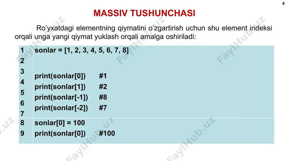 da valueerror istisno holati ro'y beradi; алгоритмы и программирование, язык python, 10 класс  к.ю. поляков, е.а. ерёмин, 2018 http://kpolyakov.spb.ru * pop([index]): ro'yxatdan index indeksi bo'yicha elementni o'chiradi va qiymat sifatida qaytaradi. agar indeks ko'rsatilmasa ro'yxatdan oxirgi elementni o'chiradi va qiymat sifatida qaytaradi. bundan tashqari agar ro'yxat bo'sh bo'lsa, u holda valueerror istisno holati ro'y beradi; count(item): ro'yxatdagi item elementlar sonini qiymat sifatida qaytaradi; sort([key]): ro'yxat elementlarini tartiblaydi. kelishuv bo'yicha, ro'yxat elementlarini o'sish bo'yicha tartiblaydi. key parametri orqali tartiblash funksiyasini (mezonini) berish mumkin; reverse(): ro'yxat elementlarini teskari tartibda joylashtirish uchun qo'llaniladi. ro’yxatlar bilan ishlashda qo’llaniladigan funksiyalar va metodlar алгоритмы и программирование, язык python, 10 класс  к.ю. поляков, е.а. ерёмин, 2018 http://kpolyakov.spb.ru * bundan tashqari, python ro’yxatlar bilan ishlashda qo’llaniladigan bir nechta standart funksiyalarni ham o’z ichiga qamrab olgan: len(list): ro'yxat uzunligini (elementlari sonini) qiymat sifatida qaytaradi; sorted(list,[key]): tartiblangan ro'yxatni qiymat sifatida qaytaradi; min(list): ro'yxatdagi eng kichik elementni qaytaradi; max(list): …