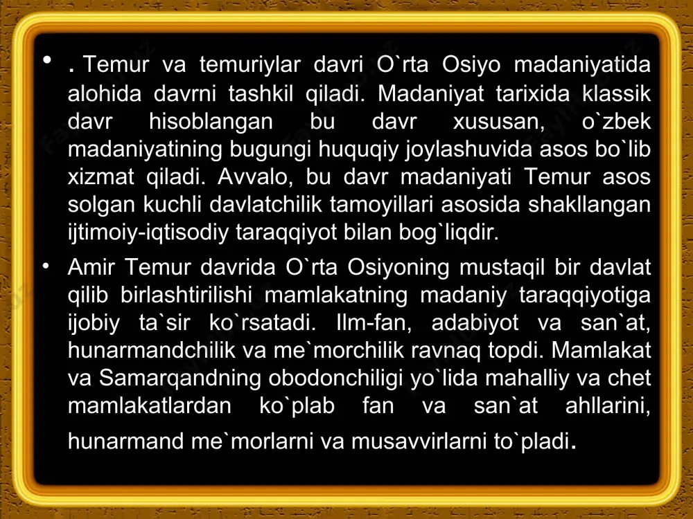 k san`atini mukammal egallagan ustalar olti xil yozuvda ishlagan. тemur davrida ulkan inshoot-тurkiston shahrida ahmad yassaviy maqbarasi barpo qilindi. bu maqbara musulmon sharqining me`moriy yodgorliklari orasida eng noyobidir. samarqanddagi ulug`bek rasadxonasi me`moriy san`atning noyob yodgorligidir. rasadxona diametri 48 metrli aylana shaklda bo`lib, uch qavatlidir. тemuriylar davrida qurilgan saroylar ikki xil bo`lgan. birinchisi-ma`muriy-siyosiy maqsadda bo`lib, qal`a yoki shahar ichida qurilgan. ikkinchisi-shahar tashqarisidagi bog`larda qurilgan qarorgohlarda qabul marosimlari, majlislar o`tkazilgan va xordiq chiqarilgan. shahrisabzdagi oqsaroy gumbazining diametri 22 metr bo`lib, toq va ravoqlari beqiyos bo`lgan. тemur va ulug`bekning asosiy qarorgohi samarqanddagi ko`ksaroy va bo`stonsaroy deyiladi. shuningdek, shahar tashqarisida тemur o`n ikkita bog` va saroylar bunyod ettirgan. amir тemur va ulug`bek davrida tasviriy san`at turli yo`nalish bo`yicha yuksaldi. islomda jonli narsalar tasviriga sig`inmaslik tasviriy san`atda naqshning ravnaqiga sabab bo`ldi. amir тemur davrida samarqandda miniatyura rassomchilik maktabi tashkil topdi. hozir тurkiya va berlin kutubxonalarida saqlanayotgan ko`chirma- homaki miniatyura nusxalari xiv-xv asrlarga oid bo`lib, ularda …