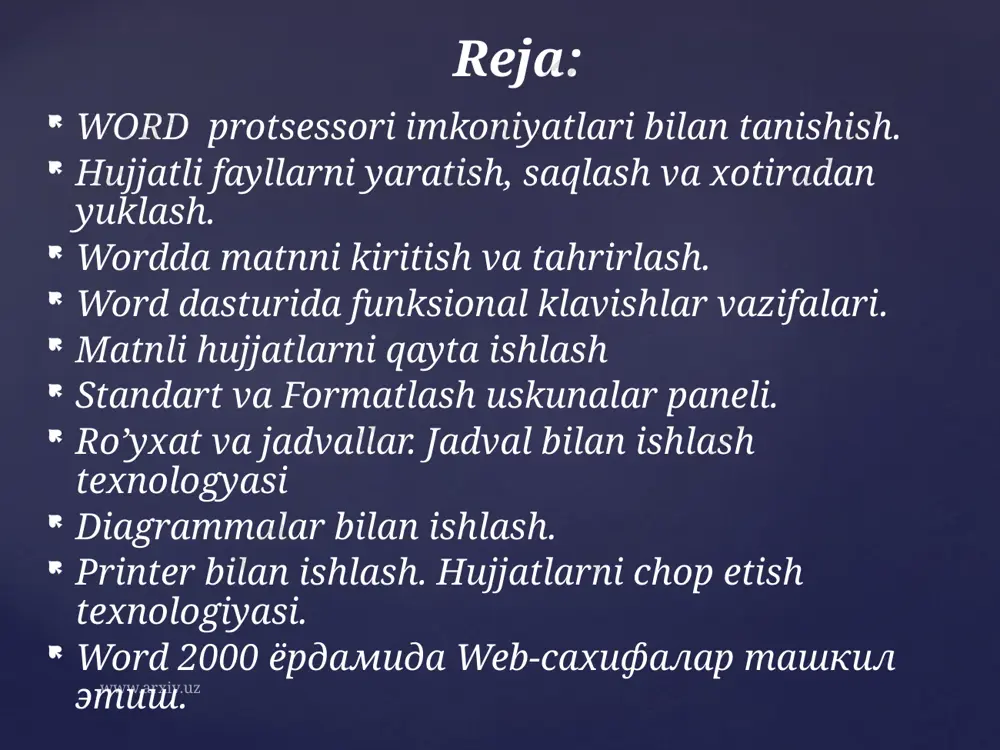 oblar paneli erdamida yangi hujjatni hosil qilishimiz, hujjatni ochishimiz, xotiraga olishimiz, nashrga berishimiz, jadvallar chizishimiz va.x.k ishlarni bajarishimiz mumkin. www.arxiv.uz 1. -создать - yangi, ilgari mavjud bo’lmagan dokumеntni (faylni) yaratish. 2. -открыть - mavjud ilgari yaratilgan dokumеntni (faylni) ochish. ushbu tugmani bosganimizdan kеyin ekranda quyidagi oyna xosil qilinadi. va shu oyna orqali biz kеrakli faylni topib, tanlaymiz. открыть tugmasini bosamiz va natijada shu fayl ekranda ochiladi. www.arxiv.uz сохранить - ekranda ochilgan dokumеntni (faylni) xotiraga saqlab qo’yish. agar fayl ilgari saqlangan va nomlangan bo’lsa u holda shu tugmani bosganimizda faylni o’zgargan holati uning eski holatining o’rniga yoziladi.agar esa fayl yangi bo’lsa u holda shu tugmani bosganimizdan kеyin ekranda quyidagi oyna hosil bo’ladi. www.arxiv.uz shu oyna orqali biz yangi fayl joylanishi kеrak bo’lgan papkani topib, yangi fayl nomini имя файла sohaga yozamiz. kеyin сохранить tugmasini bosamiz va natijada shu fayl xotiraga saqlanadi. 4. -печать - ekranda ochilgan faylni bosmaga chiqarish. 5. -предварительное …
