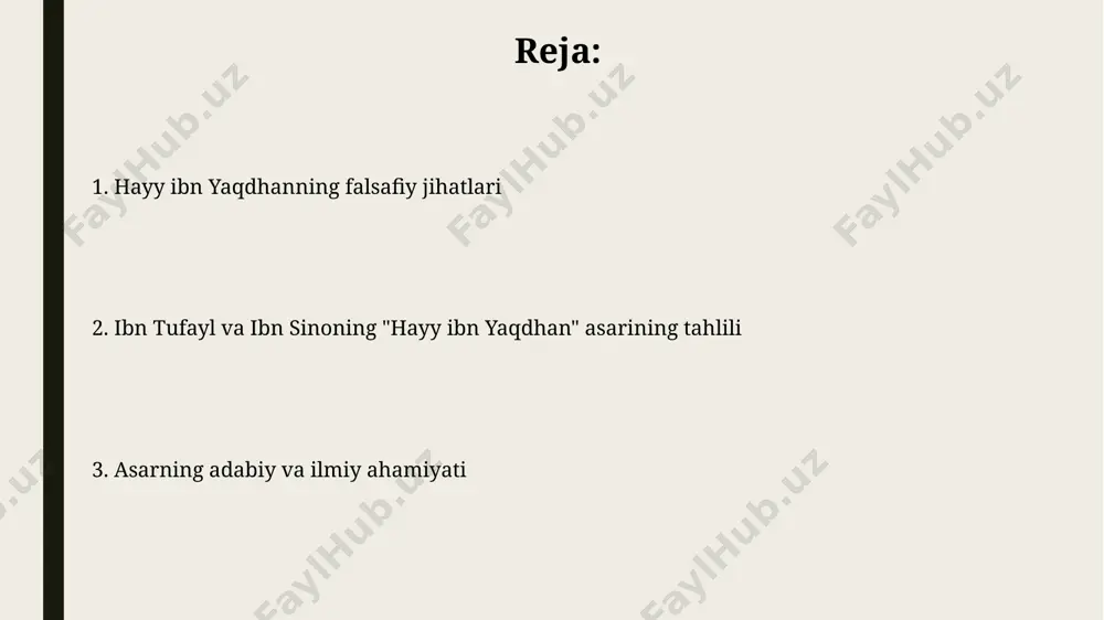 shakllanadi. hayy ibn yaqzonning bilimga bo'lgan intilishi va kashfiyotlari hayyning o'z-o'zini o'rgatish jarayonida 20 dan ortiq turli xil o'simlik va hayvonlarni kuzatib, ularning biologik xususiyatlarini tahlil qilishi, empirik bilimlarga asoslangan tabiiy fanlarning boshlang'ichini namoyon etadi. kitobda hayyning 30 yildan ortiq davom etgan izlanishlari natijasida inson ongiga xos bo'lgan 5 ta asosiy qobiliyat - sezgi, xotira, tasavvur, aql va iroda –ni rivojlantirishga erishganligi ta'kidlanadi. hayy ibn yaqzonning falsafiy fikrlashining shakllanishi hayyning falsafiy rivojlanishi, taxminan 15 yoshga to‘lganida, o‘z-o‘zini anglash va olamning mohiyatini tushunishga bo‘lgan chuqur intilishi bilan tavsiflanadi. ibn tufayl hayyning falsafiy fikrlashini 3 bosqichga ajratadi: hissiy idrok, aql-idrok va ma’naviy kamolotga erishish. bu 3 bosqich inson ongining taraqqiyotini aks ettiradi. ibn tufayl va ibn sinoning "hayy ibn yaqzon" asari haqida kirish ibn sina (avicenna)ning “qonun fi’l-tibb” kabi asarlaridagi tabiatshunoslik va metafizika gʻoyalari “hayy ibn yaqzon”da muhim rol oʻynaydi, bu ikki mutafakkirning fikrlaridagi oʻzaro bogʻliqlikni koʻrsatadi. ibn tufaylning “hayy ibn yaqzon” …