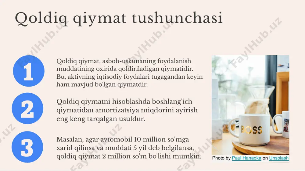 orda amalga oshiriladi, chakana narxlar esa yuqori, chunki iste'molchilar bitta yoki ikkita mahsulot sotib olishadi. sotish qiymati turlari: ulgurji va chakana photo by refargotohp on unsplash joriy qiymat va sotish qiymatining ta'siri joriy qiymat biznes strategiyalarini shakllantirishda muhim rol o'ynaydi. u resurslarni taqsimlash va investitsiya qilishni belgilaydi. sotish qiymati bozorga ta'sir ko'rsatadi va narx belgilashda asosiy omil hisoblanadi. bu iste'molchilarni jalb qilish uchun muhimdir. ikkala qiymatning strategik ahamiyati kompaniya muvaffaqiyatini belgilaydi. ularning muvozanatini saqlash va bozorni tahlil qilish muhimdir. sotish qiymatini belgilash omillari bozor sharoitlari bozor sharoitlari sotish qiymatini belgilashda muhim rol o'ynaydi. raqobat, talab va taklif narxlarni ta'sir qiladi. raqobatchilar narx belgilash usullarini tahlil qilib, mahsulotlarini bozor sharoitlariga moslashtirish zarur. mahsulotning o'ziga xosligi mahsulotning o'ziga xosligi va brend qiymati sotish narxiga ta'sir qiladi. yaxshi brend sifatli mahsulotni yuqori narxda taklif etadi. mahsulotning innovatsion xususiyatlari, dizayni va iste'molchilar orasida qabul qilinishi ham narx belgilashda muhimdir. joriy va sotish qiymatlari haqidagi …