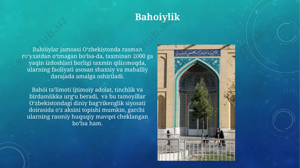 amal qilinadi va 200 dan ortiq masjid va diniy ta'lim muassasalari faoliyat yuritadi. diniy erkinlik va uning cheklashlari 200 dan ortiq masjid faoliyat yuritayotgan boʻlsa-da, noqonuniy deb topilgan diniy guruhlar taʼqib qilinadi va ularning faoliyati toʻxtatiladi. diniy adabiyotlarni tarqatish va diniy taʼlim berish uchun maxsus ruxsatnomalar talab qilinadi, bu esa baʼzi diniy guruhlar uchun qiyinchiliklar tugʻdiradi. katolik cherkovi katolik cherkovi o'zbekistonda xayriya ishlari, ta'lim va tibbiy yordam kabi ijtimoiy dasturlarni amalga oshirib, jamiyatga katta hissa qo'shmoqda. katolik cherkovi o'zbekistonda 1990-yillardan buyon rasman faoliyat yuritmoqda va taxminan 10 mingdan ortiq katolik aholini birlashtiradi, ularning aksariyati xorijiy fuqarolardir. davlat va din munosabatlari davlat va din munosabatlarini tartibga soluvchi 1998-yilgi qonun, diniy tashkilotlarning faoliyatini nazorat qilish va ro'yxatdan o'tkazish jarayonlarini aniq belgilab beradi, shu bilan birga ularga konstitutsiyaviy huquqlarni kafolatlaydi. o'zbekistonda 20 dan ortiq ro'yxatdan o'tgan diniy tashkilotlar faoliyat ko'rsatadi, ular orasida islom, xristianlik va boshqa dinlar vakillari mavjud bo'lib, ularning soni har …