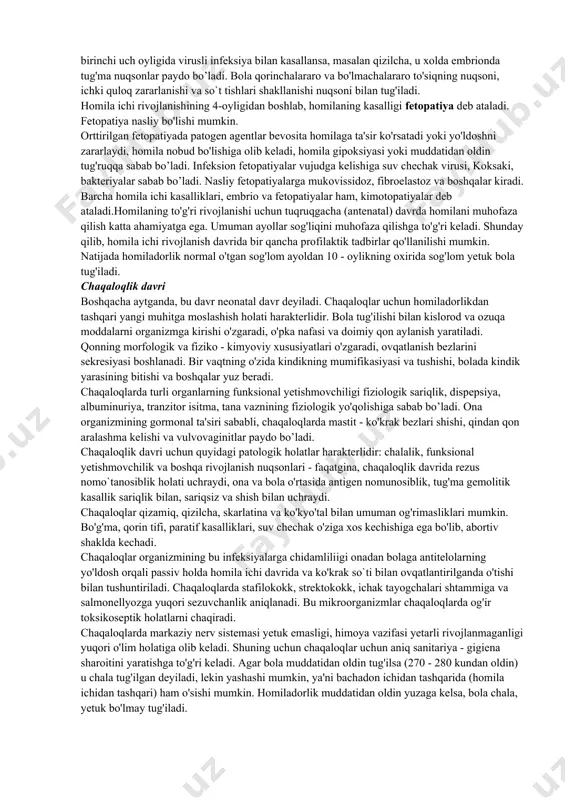 buzilishi ona va homilaning holatiga ta'sir qiladi. misol uchun, homiladorlikda anemiya, isitma holatlari, shuningdek o'pka to'qimasi funksiyasi pasayishi kasalligi (pnevmoniya) oksidlanish jarayoni va normal gaz almashinuvi buzilishiga sabab bo’ladi, bu esa homilada rivojlanishni buzilishiga olib keladi, homila ichi asfiksiyasiga va homila nobud bo'lishiga sabab bo’ladi. uchinchi oyning oxiriga kelib, homila uzunligi 8 - 9 sm, vazni 20 - 25 grammga yetadi. oyog- qo'l barmoqlari aniq farqlanadi, tashqi jinsiy a'zolar bilinadi. to'rtinchi oyning oxirida homila 15 - 16 smga, vazni 100 - 120 grammga kattalashadi, homilaning jinsi aniq bilinadi. 4 oylikda kalla suyagi shakllana boshlaydi. oyog - qo'llarida aktiv harakatlar paydo bo’ladi, 4-5 oyligidan boshlab, harakatlar kuchli bo’ladi, onasi sezadi - bu homilaning birinchi harakati deyiladi. teri osti yog' qatlami bu vaqtda hali bo'lmaydi, terisi yupqa, tiniq, mushak va tomirlar teridan bilinib turadi. homila ichagida birinchi najas - meqoniy to'plana boshlaydi. beshinchi oyning oxiriga kelib, homila uzunligi 25 sm, vazni ortacha …
