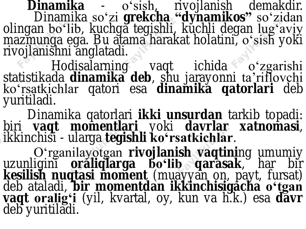 gan, jamg`arma va muddatli depozitlarni, tijorat banklari tomonidan chiqarilgan milliy valyutadagi qimmatli qog`ozlarni (aktsiyalardan tashqari) hamda xorijiy valyutadagi depozitlarni oladi. momentli dinamika qatori - bu ma’lum oraliqli momentlarga hisoblangan ko‘rsatkichlar qatoridir. ma’lum oraliqli momentlarga nisbatan hisoblangan hodisa miqdorlaridan tuzilgan qator momentli dinamika qatori deb ataladi. dinamika qatorlarini tahlil qilish jarayonida bir qator ko‘rsatkichlar hisoblanadi: mutlaq qo‘shimcha o‘sish (yoki kamayish); o‘sish (yoki kamayish) koeffitsiyenti yoki sur’ati (foizda); qo‘shimcha o‘sish (yoki kamayish) koeffitsiyenti yoki sur’ati (foizda); 1% qo‘shimcha o‘sishning (yoki kamayishning) mutlaq qiymati. tug’ilish koeffistienti –jami (yilda; 1000 aholiga nisbatan, promille) 2009 2010 2011 2012 2013 2014 2015 2016 2017 2018 o'zbekiston respublikasi 23,4 22,0 21,2 21,0 22,5 23,3 23,5 22,8 22,1 23,3 qoraqalpog'iston respublikasi 24,7 22,7 21,2 22,4 22,7 23,4 23,3 21,9 20,6 21,6 andijon 24,5 22,6 21,0 21,3 23,1 24,0 24,1 23,4 22,6 23,8 buxoro 21,7 20,7 19,4 19,9 21,1 21,6 21,9 20,9 20,0 21,5 jizzax 24,1 22,4 21,4 21,2 …