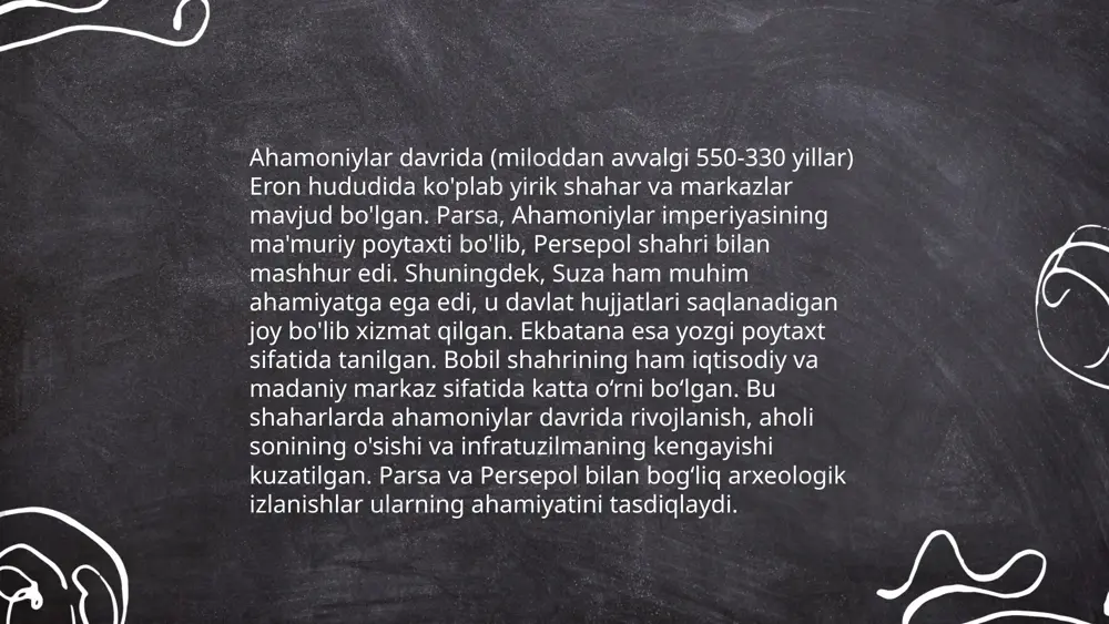 ular turli hududlarda farqlanar edi. pers imperiyasida davlat dini yo‘q edi, lekin diniy bag‘rikenglikka e’tibor qaratilgan. bu davrda ruhoniylar ijtimoiy hayotda muhim rol o‘ynagan. imperiyaning kengayishi bilan turli gonogoh va ibodatxonalar qurilgan. shu davrda ahamoniylar boshqa xalqlarning dinlariga nisbatan hurmat ko‘rsatgan. ... t.me/slaydai_bot ahamoniylar davrida markaziy osiyoda qishloq xo‘jaligi rivojlangan edi. bu davrda sug'orish tizimlari keng yoyilgan bo‘lib, ariqlar va kanallar yordamida yerlar sug'orilgan. asosiy ekinlar bug'doy, arpa va paxta edi. shug‘ullanadigan joylar, asosan, amudaryo va sirdaryo havzalari bo‘lib, bu yerlarda yiliga ikki marta hosil olish mumkin edi. o‘sha davrda qishloq xo‘jaligi hosildorligi yuqori bo'lib, bir gektardan 15-20 sentner bug'doy yetishtirilgan. taomlar tayyorlashda foydalanilgan sabzavot va mevalar ham xilma-xil bo'lib, tokzorlar va bog‘lar ahamiyatli o‘rin tutgan. boshoqli ekinlarni 60-70% ekin maydonini tashkil etgan. ... t.me/slaydai_bot 10. ahamoniylar davrida qimmatli metallar va savdo tarmoqlari ahamoniylar davrida (miloddan avvalgi 550-330-yillar) qimmatli metallar, masalan, oltin va kumush keng tarqalgan bo'lgan. dara i davrida …