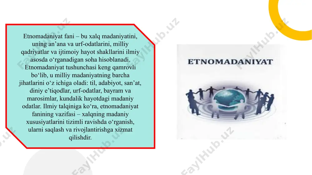 bog‘liqligini tahlil qiladi. shu yo‘l bilan etnomadaniyat fanining ilmiy asoslari mustahkamlanadi va kelajak tadqiqotlari uchun nazariy baza yaratiladi. madaniyatni o‘rganish jarayonida zamonaviy tadqiqot usullari muhim ahamiyatga ega. jumladan, etnografik kuzatuv, intervyu, arxiv materiallari tahlili va etnometodologik yondashuvlar yordamida milliy madaniyatning aniq tasviri olinadi. etnografik kuzatuv orqali tadqiqotchi jamoat hayotini bevosita kuzatadi, intervyu orqali odamlarning fikr va tajribalarini o‘rganadi, arxiv materiallari esa tarixiy va madaniy jarayonlarni chuqurroq tahlil qilish imkonini beradi. etnomadaniyat tadqiqotlarining yana bir vazifasi – ilmiy natijalarni jamiyat va ta’lim tizimida qo‘llashdir. tadqiqotlar natijalari milliy madaniyatni o‘qitish, ta’lim dasturlarini boyitish, madaniy tadbirlar va ekskursiyalarni tashkil etishda ishlatiladi. etnomadaniyat fanining kelajakdagi rivojlanish istiqbollari ham muhim vazifa hisoblanadi. globalizatsiya va zamonaviy texnologiyalar sharoitida milliy madaniyatni saqlash, uni modernizatsiya bilan uyg‘unlashtirish va yangi tadqiqot yo‘nalishlarini rivojlantirish dolzarb masalalardir. shu bilan birga, etnomadaniyat ilmiy hamjamiyati xalqaro tajriba va ilg‘or texnologiyalarni qo‘llash orqali milliy madaniyatni yanada boyitishi mumkin. etnomadaniyat fani milliy madaniyatni, urf-odat va …