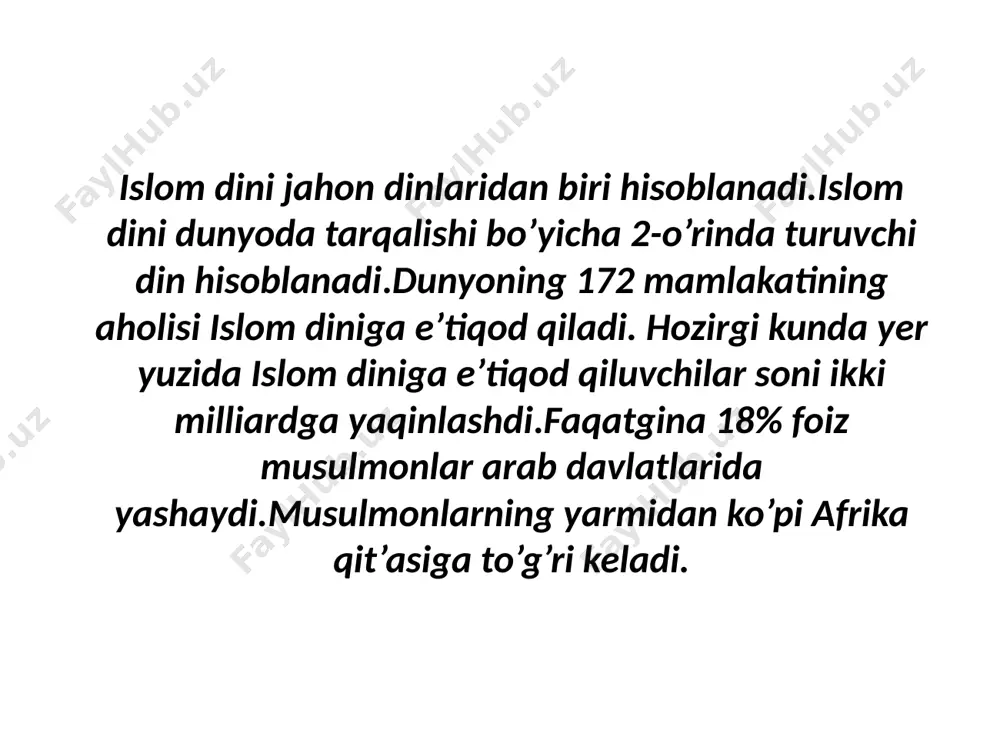 bo’ladigan yaxshi,yomon ishlarning qayshi zamonda, qaysi joyda, qay ravishda bo’lmog’ini hamda o’z ilmi azaliysi bilan bo’lmasdan turib oldindan belgilab qo’yilishidir. 7.alloh taoloning qudrati bilan o’lgan bandalar qayta tiriladilar,so’ngra alloh taoloning tayin qilgan yeriga borib yig’iladilar.yig’iladigan joyning nomi ”mahshar yeri”, kun esa “qiyomat kuni” deb ataladi. 12 islom dini 5 ustunga ega. kalima keltirish ro’za tutish haj safari zakot berish namoz o’qish 1.kalimayi shahodat- allohdan o’zga iloh yo’qligiga va muhammad (s.a.v) uning bandasi va payg’ambar ekanligiga shohidlik beraman demoqlikdir.u arab tilida shunday deyiladi:”ashhadu an lo ilaha illallohu va ashhadu anna muhammadan abduhu va rasuluh”. 2.namoz o’zini musulmomnan deb hisoblaydigan har bir bandaga buyurilgan ibodatdir.namoz ibodati kuniga 5 mahal o’qiladi. 3.ro’za erta tongdan to kun botishiga qadar yemoq va ichmoqdan tiyilmoq va shunga niyat qilmoqlik demakdir.ro’za har bir musulmonning o’zi tutib berishi shart bo’lgan farz ibodatidir.ramazon oyi oxirida fitr sadaqasi beiladi.fitr sadaqasi-o’ziga to’q musulmonlarning muhtoj va hojatmandlar uchun ramazon oyida beradigan xayru …