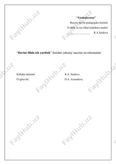 “davlat tilida ish yuritish” fanidan yakuniy nazorat savolnomalari — DOCX
