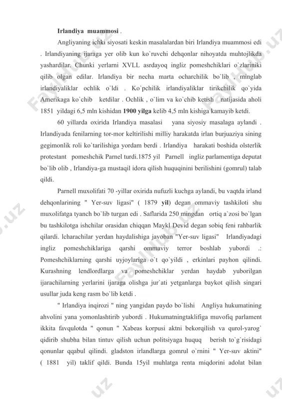 i yana yomonlashtirib yubordi . hukumatningtaklifiga muvofiq parlament ikkita favqulotda " qonun " xabeas korpusi aktni bekorqilish va qurol-yarog` qidirib shubha bilan tintuv qilish uchun politsiyaga huquq berish to`g`risidagi qonunlar qqabul qilindi. gladston irlandlarga gomrul o`rnini " yer-suv aktini" ( 1881 yil) taklif qildi. bunda 15yil muhlatga renta miqdorini adolat bilan belgilaydigan va ijarachi o`z yer uchastkasini boshqa bir shaxs o`tkazish huquqini beradigan komissiya tuzilishi ko`zda tutilgan edi . hukumat lendlordlar yerini sotib olish va uni irlandlarga sotish huquqiga ega bo`lib oldi . bundan faqat pomeshchiklar manfaat ko`rardi : ular yerni juda shartlar blan davlatga sotardilar yoki qishloq xo`jalik mahsulotlrning bahosi tobora kamayadigan sharoitda 15 yil muddatga renta oldilar. irland "yer ligasi" - bu qonunga javoban baykotni kuchaytirib pomeshchiklarini qo`rqitish kompaniyasini boshlab yubordi. 1881 yil oktyabrida panell bilan tuzilgan bitimga muvofiq irland ijarachi dehqonkmari pomeshchiklarga renta to`lashni davom ettirishlari va baykotning to`xtatishlari, pomeshchik esa ijarachilarning to`lov larini " kechib yuborishlari" …