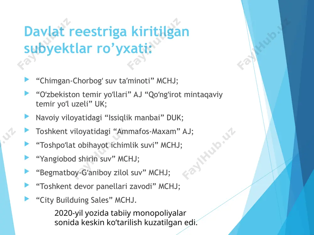 lardan foydalanadi. bu usullardan ikkitasini ajratib ko’rsatish lozim: 1. monopol mavqеdagi korxonalar mahsulotlariga narxlarning eng yuqori darajasini yoki rеntabеllikning chеgarasini bеlgilab qoyish. 2. o’z monopol mavqеini suiistе’mol qilgan monopolistik birlashmalarni bo’lib tashlash yoki maydalashtirish. bu usul vazirlar mahkamasining (1994 yil 18 iyuldagi 366-sonli) qarori bilan tasdiqlangan «ob’еktlarning xo’jalik yurituvchi jamiyatlar va shirkatlar tarkibidan chiqish tartibi to’g’risidagi nizom» asosida amalga oshiriladi. o'zbekistonda monopoliyaga qarshi organ ilk bor 1992 yili moliya vazirligi tarkibidagi monopoliyaga qarshi va narx siyosati bosh boshqarmasi sifatida tashkil etildi. boshqarma monopoliyaga qarshi qonunchilik talablariga rioya etilishi ustidan nazorat qilish vazifasini bajargan. 1996 yili boshqarma o'zbekiston respublikasi moliya vazirligi huzuridagi monopoliyadan chiqarish va raqobatni rivojlantirish davlat qo'mitasi sifatida qayta tashkil etildi. 2000 yili о’zbekiston respublikasi prezidentining "o'zbekiston respublikasi monopoliyadan chiqarish va raqobatni rivojlantirish davlat qo'mitasini tashkil etish to'g’risida"gi farmoniga hamda o'zbekiston respublikasi vazirlar mahkamasining "o'zbekiston respublikasi monopoliyadan chiqarish va raqobatni rivojlantirish davlat qo'mitasi faoliyatini tashkil etish to'g’risida"gi qaroriga asosan …