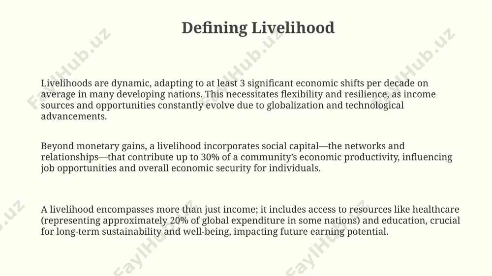 re, impacting long-term financial security for up to 70% of participants. traditional livelihoods, often agrarian-based, saw a family of 5-7 members contributing approximately 60-80% of their labor to subsistence farming, resulting in low income per capita. modern livelihoods increasingly involve specialized skills and technology. over 50% of the global workforce now participates in the service sector, demonstrating a shift away from primary industries. skills and education a significant portion (approximately 60%) of the workforce transitions careers at least once. upskilling or reskilling through short courses or certifications can help bridge the gap between current skills and future job market demands, improving income prospects. pursuing higher education, such as a master's degree, can lead to a 20-30% increase in lifetime earnings compared to those with only a bachelor's degree. this effect is amplified in specialized fields like medicine or engineering. developing in-demand tech skills like coding (python, java) or data analysis …