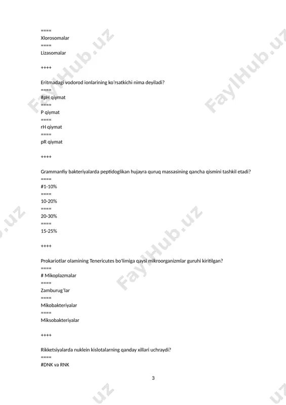 b-2 ==== a-1; b-3 ==== a-2; b-1 ++++ har xil azotli organik birikmalarning mikrobiologik jarayonlar ta'sirida ammiak ajralishi bilan o`tadigan minerallashuviga …………deyiladi. ==== #ammonifikatsiya ==== nitrifikatsiya ==== denitrifikatsiya ==== azotofiksatsiya ++++ filtrli sterillash qanday moddalarni sterillashda ishlatiladi? termolabil oqsillar, 2) tuproq, 3) vitamin, 4) sharbatlar, 5) shakar va ayrim antibiotiklarni tutuvchi oziqli muhitlar, 6) sutlar, 7) idishlar, 8) uchuvchi moddalar ==== #1, 3, 5, 8 ==== 1, 3, 5, 6, 7, 8 ==== 2, 4, 6, 7 ==== 3, 5, 6, 7 ++++ korineoform bakteriyalarga qaysi bakteriyalar kiradi? ==== #artrobakterlar ==== aktinomisetlar ==== mikobakteriyalar ==== zigomisetlar ++++ italiyalik vrach frakastro (1478-1553 yillar) yuqumli kasalliklari haqida qanday nazariyani ilgari surgan? ==== #kontagiylar ==== “miazmalar” ==== “mikoplazmalar” ==== “amyobasimonlar” ++++ xvii asrning 40 yillarida qaysi olim kattalashtiruvchi qurilma orqali har xil ob'ektlarni kuzatadi va o'ta mayda «chuvalchanglarni ko'radi»? ==== #a.kirxer ==== frakastro ==== a.kyoller ==== k.drebbel ++++ birinchi mikroskop kimlar tomonidan yaratilgan? …