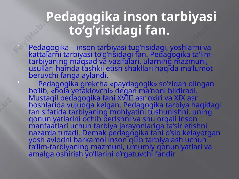 ar esa o'z navbatida o'qitishni, tarbiyalashni taqozo etar edi. bu vazifa pedagogika fanining alohida bir fan sifatida shakllanishiga imkon berdi. bu hayotning ob'ektiv talabi natijasida ro'y berdi.“taraqqiyot tasodif emas, balki zaruratdir” deb ta'kidlagan fransuz olimi viktor gyugo. . pedagogika fanlari tizimi. pedagogika yosh avlod tarbiyasida uning yosh va individual (psixologik) xususiyatlarini hisobga olib boradi. shu bois pedagogika uchun pedagogik psixologiyaning bola xususiyatlari, ularda o’tadigan psixik jarayonlarining qonuniyatlari haqidagi ma‘lumotlar muhimdir. shunga ko’ra pedagogikaning psixologiya fani bilan bog’liqligi an‘anaviy tus olgan. pedagogika fani ob‘ekti yil sayin kengayib bormoqda, natijada uning tarmoqlari ham bir necha guruhlarga ajralmoqda.ular pedagogika fanlari tizimlari deb ataladi.hozirgi vaqtda pedagogika bir necha tarmoqlarga bo’lingan. jumladan, umumiy pedagogika (maktab yoshidagi o’quvchilarni tarbiyalash va o’qitish haqida bahs yuritadi), maktabgacha tarbiya pedagogikasi (maktabgacha yoshdagi bolalarni tarbiyalash muammolari bilan shug’ullanadi), madaniy-oqartuv pedagogikasi (madaniy-ma‘rifiy ishlarni boshqarish muammolarini o’rganadi), hunar-texnika ta‘limi pedagogikasi, harbiy pedagogika kabi tizim tarmoqlari mavjud. pedagogika fanining boshqa fanlar bilan aloqasi …