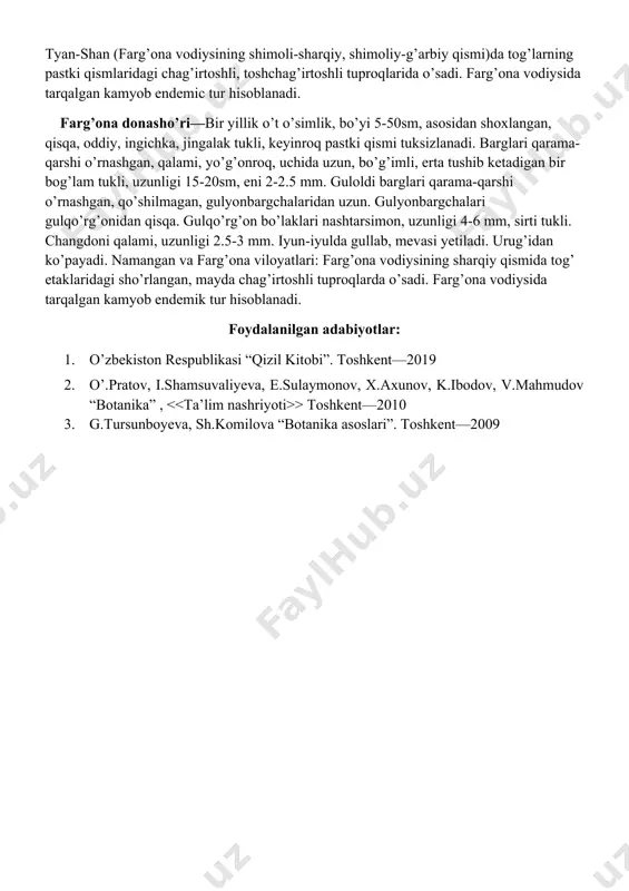 va ikkitadan gulyonbargchalariga ega. gulqo’rg’on bargchalari yupqa. urug’lari tik, uzunligi 4-6 mm. iyun-iyul oylarida gullab, mevasi oktyabrda yetiladi. urug’i yordamida ko’payadi. toshkent viloyati: dengiz sathidan 1600-2000 m balandlikda chotqol tizmasi(nurakota, beldirsoy)ning tosh-shag’alli yonbag’irlar archa va butazorlarida, asosan ochiq joylarida o’sadi. drobov sho’ragi— bo’yi 50-70 sm keladigan yarim buta. bir yillik poyalarining uzunligi 20 sm, oqish, tuksiz, ba’zan g’adir-budir. barglari ketma-ket joylashgan, tuksiz, ko’kimtir, etli, qalami, uzunligi 1.5-2.5 sm, eni 1-1.5mm, to’mtoq. to’pguli yoyiq boshoqsimon. gulqo’rg’on bargchalari cho’ziq-tuxumsimon yoki cho’ziq-oval shaklida, uzunligi 4-6mm, pardasimon, tuksiz, rangsiz. urug’i yotiq joylashgan. iyulda gullab, mevasi oktyabr oyida yetiladi. urug’i yordamida ko’payadi. farg’ona viloyati: farg’ona vodiysi va oloy tizmasida tarqalgan. qozog’iston va qirg’izistonda ham uchraydi. tosh-shag’al tuproqli yonbag’irlarda, ba’zan ola jinslarda va tog’larning quyi qismida o’sadi. titov sho’ragi— bo’yi 50 sm ga yetadigan yaarim-buta. bir yillik novdalari 20 sm ga yetadi, ingichka, qalin tuklar bilan qoplangan. barglari ketma-ket joylashgan, qalami, uzunligi 0.3-1.5 sm, eni 0.5-1 …