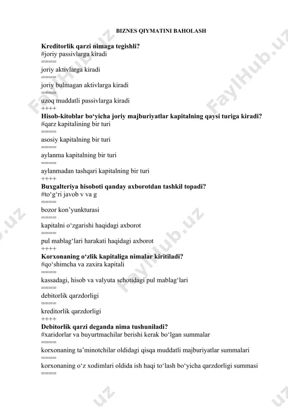 iz stavkalari ancha qisqaradigan bo‘lsa ==== foiz stavkalari tez orada oshib ketadigan bo‘lsa ==== foiz stavkalari avval oshib keyin pasaysa ==== narxlarning inflyatsion oshishi kuzatiladigan bo‘lsa ++++ wacc ko‘rsatkichi nimani anglatadi? #kapitalga o‘rtacha hisoblangan xarajatlar ==== kapitalga umumiy xarajatlar ==== kapitalga eng yuqori chegaradagi xarajatlar ==== hamma javoblar to‘g‘ri ++++ nominal foiz stavkasi 10 foiz, inflyatsiya sur’ati esa yiliga 4 foiz miqdorida belgilangan bo‘lsa, haqiqiy foiz stavkasini hisoblang? #6 % ==== 14 % ==== 2,5% ==== 4% ++++ korxona balansidagi asosiy vositadan foydalanish oqibatida jismoniy va ma’naviy eskirishi yoki texnologik resursning to‘liq ishlatilishi natijasida dastlabki qiymatining pasayishi qanday ataladi? #amortizatsiya ==== avtorizatsiya ==== akkreditatsiya ==== apellyatsiya ++++ jami eskirishni multiplikativ usul bilan hisoblash formulasini ko‘rsating: #k = 1-(1-ifiz)(1-ifun)(1-iek) ==== k = 100-(1-ifiz)(1-ifun)(1-iek) ==== k = (1-ifiz)(1-ifun)(1-iek)/100 ==== k = (1-ifiz)(1-iek)/100(1-ifun) ++++ sanab o‘tilgan eskirish turlaridan qaysi biri bartaraf etiladigan eskirish? #bartaraf etiladigan eskirish bu eskirishni tiklash xarajatlari qo‘shilgan qiymatdan kamroq …