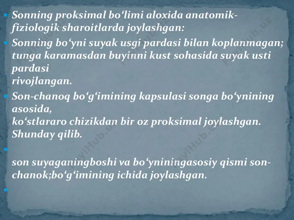oyoqning tashkariga rotatsiyasi fiziologik bo‘lishi mumkin, lekin bemor ichkariga faol rotatsiya kila olmasa, bu xolat oyoqning singanligidan dalolat beradi.  katta ko‘stga bosilganda ogris paydo bo‘lishi. yozilgan oyoqning govoniga yoki katta kust sohasiga urilganda og‘riq. seziladi va kuchayadi.   oyoqhning kaltalanishi. oyoqning mutlak uzunliga o‘zgarmagan holda nisbiy uzunligining 2-4 sm.ga kamayishi (varusli sinmshlarda) kayd etiladi.  girgolav simptomi. medial sinishlarda chov bog‘lamini ostida son arteriyasining pulsatsiyasi kuchayadi. bemor tovonini yerdan uzmasdan oyogini tizza va chanok-son bo‘kimlarida bukishi mumkin, lekin na oyoqni ko‘tarish, na ko‘tarilgan va yozilgangan oyoqni ushlab turish imkoniyatiga ega bo‘lmaydi.   varus deformatsiyali sinishlarda katga kust rozer- nelaton chizigidan yuqorida turadi (kuymich do'mbokchasi bilan oldingi yuqori o'simtani birlashtiruvchi chizik). katga ko'stning cho'kkisi bilan oldingi yuqori o'simtani birlashtiruvchi shumaxer chiziri siljib ketgan medial va vertel sinishlarida kindikning ostidan o'tadi  kokdpgan sinishlarda yuqorida keltirilgan simptomlar, ko‘pincha, yuzaki rivojlangan bo‘ladi yoki umuman kuzatilmasliga mumkin. bunday bemorlar suyak parchalari …