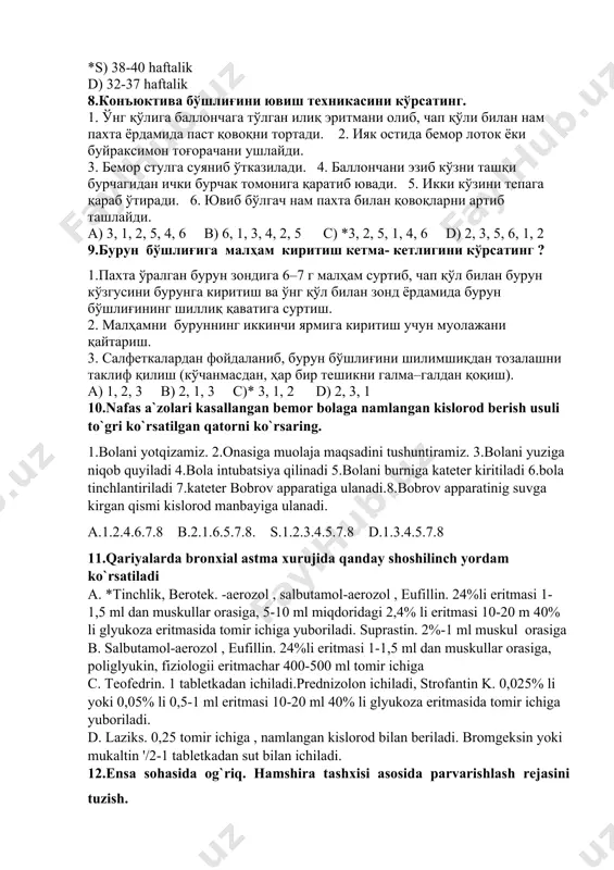 iziologii eritmachar 400-500 ml tomir ichiga c. teofedrin. 1 tabletkadan ichiladi.prednizolon ichiladi, strofantin k. 0,025% li yoki 0,05% li 0,5-1 ml eritmasi 10-20 ml 40% li glyukoza eritmasida tomir ichiga yuboriladi. d. laziks. 0,25 tomir ichiga , namlangan kislorod bilan beriladi. bromgeksin yoki mukaltin '/2-1 tabletkadan sut bilan ichiladi. 12.ensa sohasida og`riq. hamshira tashxisi asosida parvarishlash rejasini tuzish. 13.bemor bolda ichketishi,qusush, holsizlik, taxikardiya,hansirash biroz,terisi quruq,isitma kuzatilsa hamshira tashxisi quying? a. o`tkir qorin b. organizmda suyqlik hajnini kamayishi. s. interit d. gastrit 14.me`dani zond orqali yuvish texnikasi algoritmini yozing (bu ochiq test, javob algoritm shaklida to`liq yoziladi). 15.insultni davolash usullarin toping: 1. umumiy davolash 2. qiyosiy davolash 3. radikal davolash a. 1.2 b. 1.3 s. 2.3 d. 1.2.3 16.esmarx jgutini qo`yish amaliyot algoritmi to`ri bajarilganda kuzatiladigan bеlgilar: a. qon kеtishni to`xtatadi, puls aniklanmaydi, oyoq-qo’llar oqaradi * b. qon kеtishni to`xtatadi, oyoq-qo`llar muzlaydi, oyoq-qo`llar qizaradi c. qon kеtishni to`xtatmaydi, oyoq-qo`llar issiq buladi, …