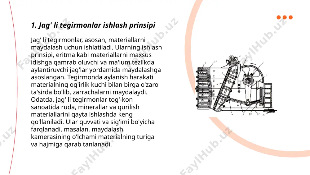 akkajo'xori, arpa kabi donlarni mayday quvurlar orqali ezib, un yoki boshqa qayta ishlanishi mumkin bo'lgan mahsulotlarga aylantiradi. mexanizm bir yoki ikki jag'dan iborat bo'lib, ulardan biri harakatlanar, ikkinchisi esa turg'un turadi. tegirmonlar qattiq va abraziv materiallarni ham maydalashda o'zining samaradorligini saqlaydi. ular yuqori sifatli mahsulot olishda va energiyani tejashda muhim rol o'ynaydi. jag'li tegirmonlar, odatda, sanoat ishlab chiqarishda ham, qishloq xo'jaligida ham keng qo'llaniladi. ... t.me/slaydai_bot 7. jag' li tegirmonlar va ularning turlari jag' li tegirmonlar mexanik qurilmalar bo'lib, ular materiallarni maydalash yoki chang shakliga aylantirish uchun aylanuvchi barrelga ega. ular ko'pincha tog'-kon sanoatida, sement ishlab chiqarishda va kimyo sanoatida qo'llaniladi. jag' li tegirmonlar odatda gorizontal holatda joylashgan va silindr shaklida bo'ladi. ular silliqlash vositalari bilan to'ldirilgan bo'lib, materiallarni samarali ezib tashlash imkonini beradi. jag' li tegirmonlar turli xil o'lchamlarda ishlab chiqiladi va quvvati soatiga bir necha kilogrammdan bir necha tonnagacha bo'lishi mumkin. ularda odatda shar yoki silindr shaklidagi silliqlash …