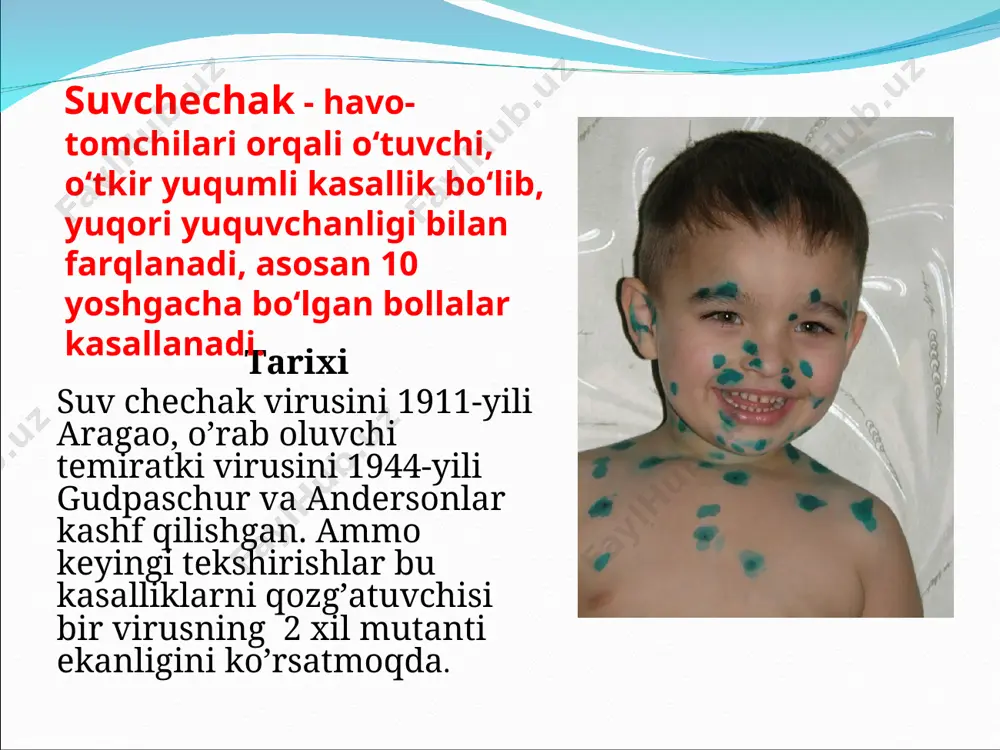 infeksiya darvozasi bo‘lib yuqori nafas yo‘llari xizmat qiladi. virus epitelial xo‘jayraga kirib, o‘sha erda ko‘payadi va virus qayta qonga tushadi. virusemiya vujudga keladi, qon bilan virus butun organizmga tarqalib ketadi. teri va shilliq yuzalarida ko‘plab to‘planib qoladi va ko‘payishi natijasida yallig‘lanishi oqibatida suvchechakka xos bo‘lgan toshmalar kelib chiqadi. virusning qonda aylanib yurishidan harorat ko‘tarilishi va kasallikning boshqa umumiy belgilari yuzaga keladi. virus teri epiteliysida joylashib, uning yuzasida patologik o‘zgarishlar: kapillyarlarning chegaralangan kengayishi (dog‘), seroz shish (papula), epidermik emirilishi (vezikulalar) keltirib chiqaradi. pufakcha suyuqligining tarkibiy qismi leykotsitlar aralashgan seroz ekssudat, degenerativ xujayralar, eozinofillar va arachao tanachalaridan iborat. suyuqlik so‘rilishi natijasida uning o‘rnida keyinchalik tushib ketadigan qatqaloq hosil bo‘ladi. patologik o‘zgarishlar ko‘pincha jigarda, qalqonsimon bezda, me’da osti bezida, ovqat hazm yo‘lida va boshqa a’zolarda kuzatiladi. bu o‘zgarishlar teridagi toshmalarga o‘xshash bo‘lib, atrofiga qon quyilgan mayda o‘choqli nekrozlardan iborat. klinikasi yashirin davri 11 kundan 21 kungacha, kam hollarda 23 kungacha, o‘rtacha 14 kundan …