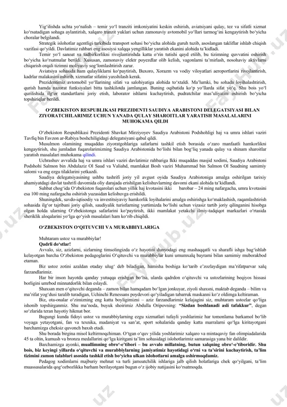 b, bu xomashyoning zaxirasi kengaytirildi. ohangaron tumani va qarshi shahrida mis klasterlari tashkil etilmoqda. davlatimiz rahbari bu korxonalarda xorijiy boshqaruvni yoʻlga qoʻyib, chuqur qayta ishlash loyihalari, ilm va innovatsiyani olib kirish zarurligini taʼkidladi. kelgusi yil bu yoʻnalishda yuqori qoʻshilgan qiymat yaratadigan 34 ta loyiha ishga tushirilishi qayd etildi. yigʻilishda hokimlar va tadbirkorlarning takliflari eshitildi. arxitektura institutlari faoliyati takomillashtiriladi 27-sentyabr kuni prezident shavkat mirziyoyev huzurida arxitektura-qurilish sohasida kadrlar tayyorlash tizimini takomillashtirish chora-tadbirlari boʻyicha taqdimot oʻtkazildi. soʻnggi yillarda mamlakatimizda bunyodkorlik koʻlami oshdi, qurilishda murakkab texnologik yechimlar qoʻllanmoqda. lekin soha boʻyicha taʼlim va ilm bundan ancha ortda qolmoqda. institutlardagi oʻquv dasturlari eskirgan. oʻqitiladigan fanlar soni chet eldagidan ham koʻp, sifati unday emas. taʼlim jarayoniga amaliyotchi mutaxassislar yetarli darajada jalb etilmagan. zamonaviy fikrlaydigan injener-konstruktorlar yetishmayapti. shu yil 6 iyul kuni oʻtkazilgan videoselektor yigʻilishida davlatimiz rahbari bu masalaga alohida toʻxtalib, sohadagi oliy taʼlim muassasalarini transformatsiya qilish zarurligini aytgan edi. taqdimotda toshkent hamda samarqanddagi arxitektura institutlarining …