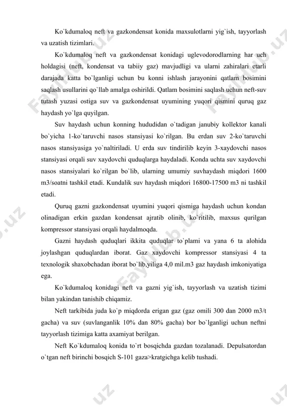 bki suv ham yo`naltirish quvuri orqali yuboriladi. s-102 gazajratgichga kirib kelaetgan maxsulotning bosimi 2,8-3,0 mpa va harorati 43-45's atrofida bo`ladi. s-102 gazajratgichda harakatlanayotgan neft-gaz aralashmasining tezligi va bosimi ancha pasaygani tufayli yana qo`shimcha gaz ajralib chiqadi. ajralib chiqgan qo`shimcha gaz s-101 gazajratgichdan chiqqan gazga kushilib yuboriladi. gazdan yana bir marta tozalangan neft uchinchi bosqich s-103 gazajratgichga yo`naltiriladi. ajralib chiqqan suv esa suv yo`naltirish quvuri orqali yuboriladi. s-103 gazajratgichga kelaetgan neft bosimi 0,6 mpa va harorati 43's ni tashkil etadi. bu erda neft tarkibidagi erigan gazni past bosimlarda ajratib olinadi va s-101, s-102 gazajratgichlardan chiqqan gazga kushib yuboriladi. tozalangan neft s-103 gazajratgichdan tindirgichga yuboriladi. ajralib chiqqan suv yo`naltiruvchi quvur orqali yuboriladi. tindirgichda neft bosimi 0,07-0,06 mpa gacha pasayadi. mexanik moddalar (qum zarrachalari) suv ajratib olinadi va sizdirgichga yo`naltiriladi. tindirgichda ham oz miqdorda gaz ajralib chiqadi va bu gaz ham avvalgi gazajratgichlardan (3,4,5) ajralib chiqqan gazlarga qo`shib yuboriladi. tindirgichdan so`ng maxsulot neft …