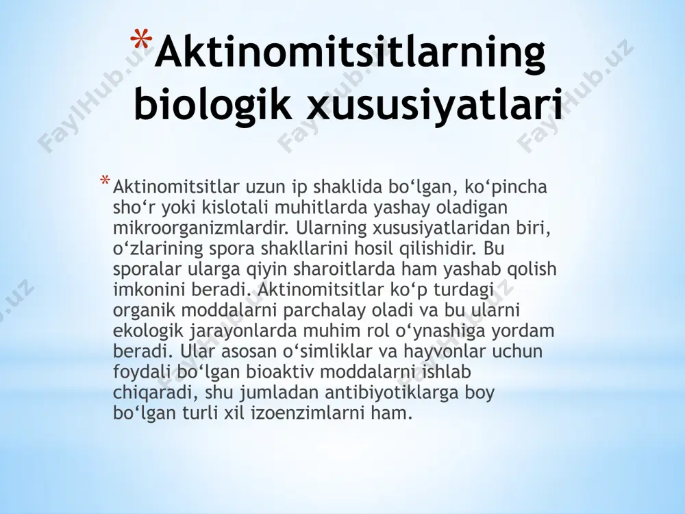 oshirish aktinomitsitlarning qishloq xo‘jaligida o‘simliklar va tuproqni himoya qilishdagi rolini yanada kengaytirish mumkin. biologik pestitsidlar sifatida aktinomitsitlar sintetik kimyoviy pestitsidlar o‘rnini egallashda davom etadi. ular o‘simliklar va ekinlarni himoya qilishda tabiiy, ekologik toza vosita sifatida ishlatilishi, shu bilan birga o‘simliklarning o‘sishini rag‘batlantiruvchi foydali moddalarning ishlab chiqarilishiga yordam beradi. tuproq unumdorligini oshirish va tuproqdagi foydali mikroflorani tiklashda ham aktinomitsitlardan foydalanish potentsialiga ega. yangi biotexnologik yondashuvlar yordamida bu mikroorganizmlar, masalan, azot fiksatsiyasi va organik moddalarni tezda parchalaydigan imkoniyatlar yaratishi mumkin. e’tiboringiz uchun rahmat! image1.png image2.png image3.png /docprops/thumbnail.jpeg
