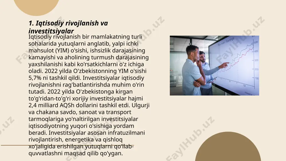 laydai_bot kichik bizneslar o'zbekiston iqtisodiyotida muhim rol o'ynaydi, chunki ular bandlikning katta qismini ta'minlaydi va innovatsiyalarni targ'ib qiladi. so'nggi yillarda kichik biznes va uning investitsiyalari uchun yengilliklar yaratilmoqda. masalan, soliq imtiyozlari va kredit olish imkoniyatlari kengaytirilgan. 2022-yilda o'zbekistonda kichik biznes tomonidan qariyb 60% yalpi ichki mahsulot (yaim) yaratildi. investitsiyalarni jalb qilish maqsadida davlat tomonidan ko'plab grantlar va dasturlar taklif qilinmoqda, bu esa kichik biznesning yanada rivojlanishiga xizmat qilmoqda. o'shandan beri bu sohada 200 mingdan ortiq yangi ish o'rinlari yaratilgan. ... t.me/slaydai_bot 7. xususiy sektor va investitsiyalar xususiy sektor va investitsiyalar o‘zbekiston iqtisodiyotida muhim o‘rin tutadi. 2022-yilda xususiy sektor hissasi yalpi ichki mahsulotning 70 foiziga yetdi. shu yilda to‘g‘ridan-to‘g‘ri xorijiy investitsiyalar hajmi 10 milliard aqsh dollarini tashkil qildi. xususiy korxonalar soni 2023-yilda 400 mingdan oshdi, o‘tgan yilga nisbatan 15% o‘sish kuzatildi. energetika va infratuzilma sohalariga 2023-yilda 12 milliard aqsh dollari miqdorida investitsiya kiritilishi rejalashtirilgan. hozirgi vaqtda mamlakatda 20 ta erkin iqtisodiy …