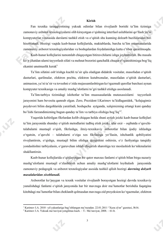 iyalardan foydalanish juda muhim hisoblanadi. kasb-hunar kollejlari bitiruvchilari keyinchalik tikuv fabrikalarida, yakka tartibda ish olib boruvchi tikuv sexlarida, kichik tikuv firmalarida tikuvchi chevar sifatida ishlashlari, ishlab chiqarishning turli sohalarida faoliyat ko‘rsatadi, ta’limning keyingi bosqichlarida o‘qishni davom ettirishadi, jumladan internet bilan bevosita ish olib borishlari muqarrar. yuqoridagi fikrlardan xulosa qilib bmi da hozirgacha o‘z o‘rnini yo‘qotmagan, konstruksiyasi va bichimiga, moda yunalishiga qarab tez - tez zamonaviy chizgilar, bezaklar, taqinchoqlar kabi o‘zgartirishlar kiritilayotgani milliy ko‘ylaklarni zamonaviy texnologiyalarni qo‘llagan holda tikish metodlarini tadqiq qilishni hamda mavzuni zamonaviy axborot ba pedagogik texnologiyalarni qo‘llagan holda kasb hunar kollejlarida “xotin - qizlar milliy ko‘ylaklarini tikish” mavzusidagi amaliy mashg‘ulot loyihasini ishlab chiqishni maqsad qilib qo‘ydik. bu mavzuni tanlashimizga sabab, hozirgi kunda ko‘pgina tikuvchi chevarlarimiz ko‘ylaklarni o‘zlari bilgan holda modellashtirib yaratmoqdalar. lekin keng iste’molchilar ommasini talabini qondirishda ayrim muammolar kelib chiqmoqda. ya’ni, aytib o‘tganimizdek ba’zi tikuvchilarimiz andozalarni tayyorlashda talab etiladigan qoidalarga amal qilmasdan (kasb-hunar kollejlarida o‘qimagan, ish tajribalarini …