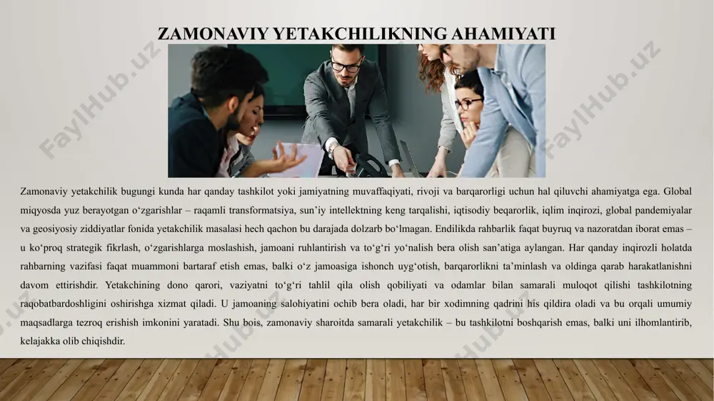 i. shu sababli har bir tashkilotda haqiqiy yetakchilik roli faqat unvonga emas, balki shaxsning qanday insonligiga bog‘liq bo‘ladi. zamonaviy yetakchining asosiy xususiyatlari zamonaviy yetakchilik shunchaki boshqaruv malakasi bilan cheklanmaydi, balki chuqur insoniy fazilatlar va doimiy o‘zgarishlarga moslasha olish qobiliyatini ham o‘z ichiga oladi. bugungi kunda yetakchi bo‘lish uchun, eng avvalo, ochiq fikrlilik zarur – ya’ni, turli fikr va yondashuvlarga nisbatan bag‘rikeng bo‘lish, yangiliklarni quvonch bilan qabul qilish. halollik va prinsipiallik esa yetakchining asosiy tayanchi bo‘lib, jamoa orasida ishonch muhitini yaratadi. shuningdek, haqiqiy yetakchi doimiy o‘z ustida ishlashga intiladi – u o‘rganadi, yangilanadi, zamonaviy bilim va ko‘nikmalarni o‘zlashtiradi. empatiya, ya’ni boshqalarni his eta bilish qobiliyati, insonlar bilan chuqur va samimiy aloqa o‘rnatishda muhim rol o‘ynaydi. tez o‘zgarayotgan dunyoda esa moslashuvchanlik eng zarur xususiyatlardan biridir – yangi sharoitlarga moslashish, qarorlarni chaqqonlik bilan qabul qilish yetakchini muammolarga qarshi bardavom tutadi. va, albatta, raqamli savodxonlik – bugungi raqamli dunyo talablariga javob bera olish, texnologiyalarni …