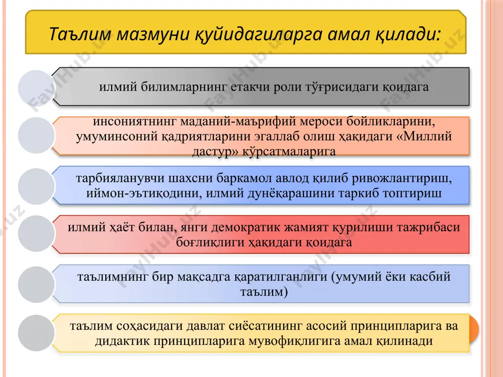 нат ҳаракатлари орқали бериш (амалий методлар, машқлар, лаборатория ишлари, дастур тузиш, педагогик масалаларни ечиш, меҳнат ҳаракатлари ва бошқалар). таълимнинг рағбатлантириш методлари таълимга қизиқишни рағбатлантириш методи таълимга бурч ва масъулиятини рағбатлантириш методи таълимда назорат ва ўзини-ўзи назорат қилиш методлари қуйидагилар: оғзаки назорат ва ўз-ўзини назорат қилиш ёзма назорат ва ўз-ўзини назорат қилиш тест назорати лаборатория ва амалий назорат ва ўз -ўзини назорат қилиш методи "маънавий – ижодий метод“ уч босқичда амалга оширилади ўқувчиларда билишга қизиқишни уйғота билиш ўқувчиларнинг эгаллаган билимига ва тажрибасига асосланган ҳолда масала қўйиш, ҳамда уларга суяниб масалаларни таҳлил қилиш ўрганиш керак бўлган муаммо устида мустақил фикр юритиб хулоса олишга эришиш ўқув маъруза методи: ўқув материалини оғзаки баён қилишни кўзда тугади, ҳикоя методидан ўзининг ҳажми катталиги, мантиқий қурилиши, умумлаштиришнинг мураккаблиги билан ажралиб туради. маъруза бутун дарс ёки машғулотни банд этади. ҳикоя эса фақатгина унинг бир қисмини эгаллайди. суҳбат методи: оғзаки баён қилишнинг асосий турларидан бири. таркибида энг кўп қўлланиладиган …