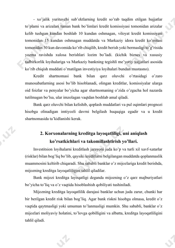 hish qobiliyati tushiniladi. mijozning kreditga layoqatlilik darajasi banklar uchun juda zarur, chunki har bir berilgan kredit risk bilan bog’liq. agar bank riskni hisobga olmasa, kredit o’z vaqtida qaytmasligi yoki umuman to’lanmasligi mumkin. shu sababli, banklar o’z mijozlari moliyaviy holatini, to’lovga qobilligini va albatta, kreditga layoqatliligini tahlil qiladi. jahon amaliyotida, xususan aqshda banklar tomonidan, mijoz kreditga layoqatliligini baholashda "five c", "besh si" qoidasi ishlatiladi. ular quyidagilar: · character (mijoz xarakteri); · capacity (moliyaviy sharoiti); · capital (kapital yoki mol-mulk); · colletarial (ta’minlanganlik); · conditions (umumiy iqtisodiy vaziyat). mijoz xarakteri deganda, uning yuridik shaxs sifatida reputatsiyasi, ma’suliyatliligi, olingan qarzni to’lashga xohishi va tayyorlik darajasi tushiniladi. mijoz moliyaviy sharoiti yoki qobiliyati deganda, mijozning kreditni qaysi manbalardan qoplashligi tushiniladi. odatda korxonada quyidagi 3 manbalar mavjud: · joriy kassa tushumlari; · aktivlarni sotishdan tushgan tushum; · va boshqa moliyalashtirish manbalari (maxsus zahiralar, amortizatsiya fondi va b.) kapital deganda, mijozning aktsionerlik kapitali, uning strukturasi, aktiv va …