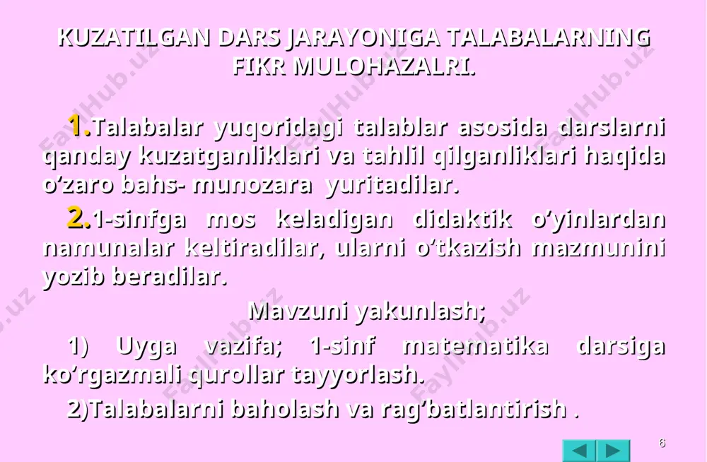 ib 37 sonini yozing; 37=33+3+3:3 11. yulduzchalar o’rniga kerakli solarni qo’ying; 3xx4x x43x2 --------- 112097 12. to’g’ri tenglikni hosil qiling; masalan; xxxxx-xxxx=1 10000-9999=1 shunga o’xshagan bir nechta o’yinlarni tanlab olish mumkin * mavzuni mustahkamlash; talabalar yuqoridagi bosqichlarga asoslanib matematik kechalar, ertaliklar yoki sinfdan tashqari mashg’ulotlarni senariysini mustaqil yozib beradilar. mashgulotni yakunlash; 1.uyga vazifa berish. 2.talabalarni bajargan ishlarini baholash va izohlash. * laboratoriya ishi №5 mavzu: 3-sinflarda matematika darslarining kuzatish va taxlil qilish. mashg'ulotning maqsadi: talabalarga 3-sinf matematika darslarini ilmiy va didaktik jihatdan tahlil qilishni o'rgatish. kerakli jihozlar: 3-sinf darsligi. dars konspektlaridan namunalar. dars taxlillaridan namunalar. * mashg'ulotlar borishi i. mashg'ulotni tashkil qilish. talabalar o'rta maktabga olib boriladi. 3-sinflar o'qitiladigan sinflarga talabalarni bo'lib kiritiladi. talabalar 3-sinfda matematika darslarini 2 soat kuzatadilar. talabalar ilmiy, didaktik jixatidan tahlil qiladilar. * ii. mashg'ulotning asosiy mazmuni 1. ilmiy tahlil. berilayotgan bilimlarning ilmiy nazariy jixati, o'quvchi bajarayotgan mustaqil ishining maqsadga muvofiq yo'nalishi jixatdan to'g'riligini aniqlash demakdir. …