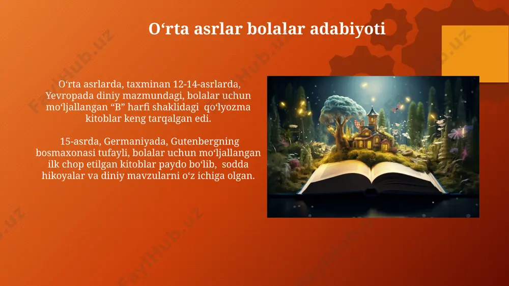 da sotsialistik realizm uslubidagi bolalar kitoblari ko'p nashr etildi, ular milliy g'urur va kommunistik ideologiyaning tarbiyaviy maqsadlariga xizmat qildi. ikkinchi jahon urushidan keyin, taxminan 1950-yillarda, amerika qo'shma shtatlarida bolalar adabiyoti uchun yangi janr – "rasmlar bilan hikoya" (picture book) keng tarqaldi, bu esa bolalar uchun kitoblarni yaratishda rang-barang illustratsiyalarning ahamiyatini oshirdi. bolalar adabiyotida turli janrlar 20-asrning o'rtalarida sssrda keng tarqalgan "hikoyalar" janri, o'zbekistonlik yozuvchilarning mahalliy voqea-hodisalarga bag'ishlangan 1000 dan ortiq asarlariga asos bo'lib, milliy o'ziga xoslikni aks ettirdi. 1960-yillardan boshlab dunyo bo'ylab, jumladan aqsh va yaponiyada, "fantastika" janri bolalar adabiyotida o'z o'rnini topdi, millionlab o'quvchilarni sehrli dunyoga botirdi va ijodiy tasavvurni rivojlantirishga hissa qo'shdi. romantizm davri va bolalar adabiyoti ushbu davrda, 1800-yillarning o'rtalarida, bolalarga mo'ljallangan adabiyotlarda didaktik elementlar bilan birga, bolaning ichki dunyosi va xayolini aks ettiruvchi yangi uslublar paydo bo'ldi. romantizm davri yozuvchilari, masalan, brothers grimm (germaniya) 169 ta ertak to'plamini nashr etib, bolalar adabiyoti tarixiga ulkan hissa qo'shdilar. …