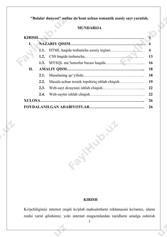 shimiz mumkin. asaxiy.uz, express24.uz, lebazar.uz ni misol ketirish mumkin. lekin o’zbekistonda juda ko’p tanlovga ega online o’yinchoq do’kon mavjud emas.chet elda eng mashxurlari amazon.com, aliexpress.com, alibaba.com xullas sanog'i ko'p ular o'zbekistonda ham mahsulotlar sotishadi. to'lov tizimlari esa paypal.com, webmoney.ru, qiwi.com va ko'plab misollar keltirish mumkin, bularni ham eng ommaboplarini sanab o'tdik. o'zbekistondagi to'lov tizimlari hammani plastik kartasida bo'lgan uzcard va shu asosida ishlovchi ko'plab, click.uz, payme.uz, u-pay.uz, mobil bankin, paynet va websum keyin boshqalardir. bu tizimlar orqali deyarli barcha turdagi mahsulotlarni internet orqali buyurtma berishingiz mumkin va ular buyurtmangizni uyingizgacha olib kelib berishadi. i.nazariy qism 1.1. html (hyper text markup language) – belgili til bo’lib, ya'ni bu tilda yozilgan kod o’z ichiga mahsus ramzlarni mujassamlashtiradi. bunday ramzlar hujjat ko’rinishini faqatgina boshqarib, o’zi esa ko’rinmaydi. htmlda bu ramzlarni teg (teg – yorliq, belgi) deb ataladi. htmlda hamma teglar ramz-chegaralovchilar ( ) bilan belgilanadi. ular orasiga teg identifikatori (nomi, masalan b) yoki …