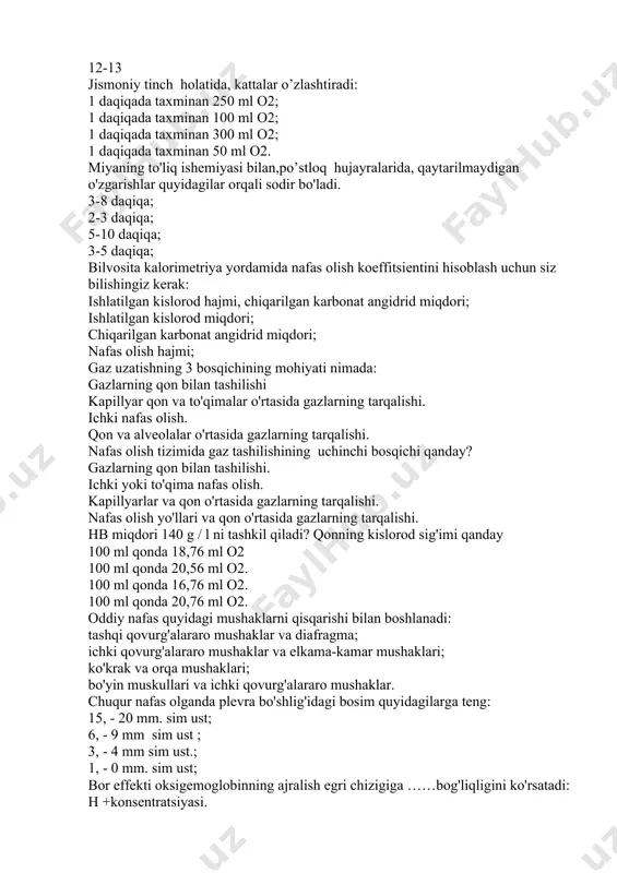 dagi mushaklarni qisqarishi bilan boshlanadi: tashqi qovurg'alararo mushaklar va diafragma; ichki qovurg'alararo mushaklar va elkama-kamar mushaklari; ko'krak va orqa mushaklari; bo'yin muskullari va ichki qovurg'alararo mushaklar. chuqur nafas olganda plevra bo'shlig'idagi bosim quyidagilarga teng: 15, - 20 mm. sim ust; 6, - 9 mm sim ust ; 3, - 4 mm sim ust.; 1, - 0 mm. sim ust; bor effekti oksigemoglobinning ajralish egri chizigiga ……bog'liqligini ko'rsatadi: h +konsentratsiyasi. harorat. 2,3-dfg co2 .. arterial qonda o2 va co2 kuchlanishining normal qiymati qanday: 100 mm simob ustuni o2t va 40 mm hg. co2 40 mm simob ustuni o2 va 46 mm hg.co2 60 mm simob ustuni o2t va 20 mm hg.co2 100 mm simob ustuni o2t va 46 mm hg. co2 tekshiriluvchida nafasda chiqariladigan havoning gaz tarkibi aniqlandi. natija norma bo'lib chiqdi: o2 - 15,7%, co2 - 3,6%. o2 - 13,6%, co2 - 5,3%. o2 - 20,78%, co2 - 0,04%. o2 …