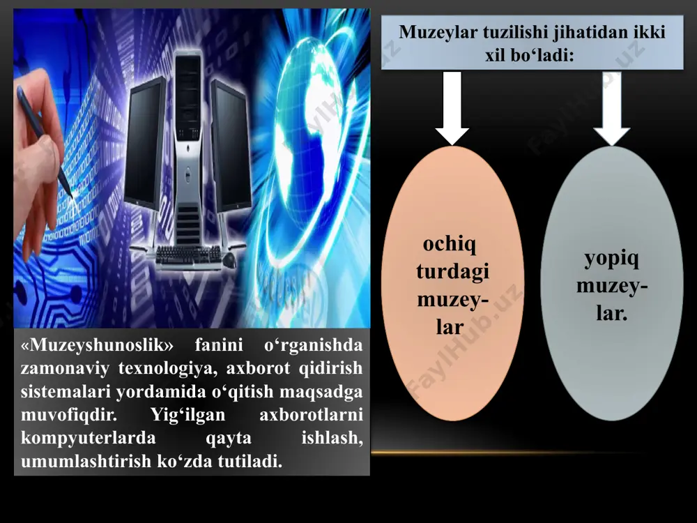 irdagi yodgorliklar saqlanadigan makon bo‘lib, u ham muzeylarning ilk ko‘rinishlaridan biri hisoblanadi. muzeylar dastlab badiiy asarlar majmuiga keyin esa moddiy va ma’naviy ma’rifiy yodgorliklarni yig‘uvchi va saqlovchi muassasaga aylangan. londondagi «britaniya muzeyi» (1753) parijdagi «luvr» muzeyi (1793) g‘arbiy yevropadagi ilk ommaviy muzeylardir madriddagi «prado muzeyi» (1819), moskvadagi tarix muzeyi (1873), sankt-peterburgdagi ermitaj (1852), nyu-yorkdagi metropoliten muzeyi (1870) savol va topshiriqlar: «muzeyshunoslik»ning maqsad va vazifalari nimadan iborat? 2. muzeylarning turlari haqida so‘zlang. 3. «muzey», dastlabki muzeylarning tashkil topishi. adabiyotlar: 1.kreyn a. rojdeniya muzeya.m.1977y 2.sodiqova n.madaniy yodgorliklar xazinasi toshkent «fan»,1991y 3.jabborov i.o‘zbek xalq etnografiyasi.toshkent 1997y. e’tiboringiz uchun rahmat! image1.png image3.jpeg image4.jpeg image5.jpeg image6.jpeg image7.jpeg image8.png image9.jpeg image10.jpeg image11.jpeg image12.jpeg image13.jpeg image14.jpeg image15.jpeg image16.jpeg image17.png image18.jpeg image19.jpeg image20.jpeg image21.jpeg image22.jpeg image23.jpeg image24.jpeg image25.jpeg image26.jpeg image27.jpeg image28.jpeg image29.jpeg image30.jpeg image31.jpeg image32.jpeg image33.jpeg image34.jpeg image35.jpeg image36.jpeg image37.jpeg /docprops/thumbnail.jpeg