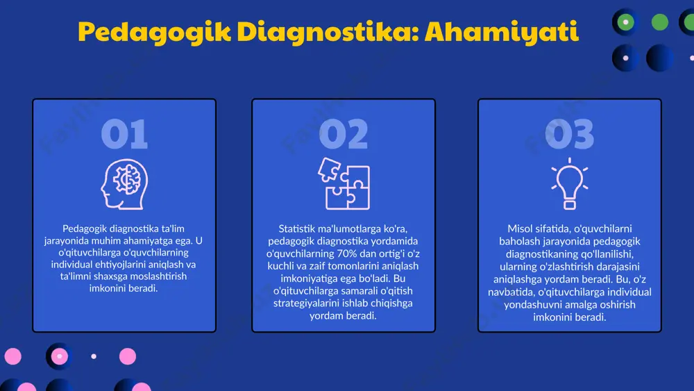 samarali va individualizatsiya qilingan holda tashkil etishga yordam beradi. yangi pedagogik metodlar, masalan, faol o'qitish va loyiha asosidagi o'qitish, o'quvchilarning motivatsiyasini oshirish va ularning o'z-o'zini baholash qobiliyatini rivojlantirishda muhim rol o'ynaydi. bu metodlar ta'lim sifatini yaxshilashga xizmat qiladi. ta'lim mutaxassislari, diagnostikani kelajakda yanada zamonaviy va interaktiv qilish zarurligini ta'kidlamoqda. ular, shuningdek, diagnostikaning natijalarini tahlil qilish va ulardan samarali foydalanish imkoniyatlarini kengaytirish kerakligini ta'kidlashmoqda. 02 01 03 ta'lim jarayonida diagnostikaning roli o'quvchilarning ehtiyojlarini aniqlash diagnostika orqali o'quvchilarning ehtiyojlarini aniqlash o'qituvchilarga individual yondashuvni ta'minlaydi. o'quvchilarni kuzatish, testlar va so'rovlar o'tkazish orqali ularning kuchli va zaif tomonlari aniqlanadi. o'qitish jarayonini optimallashtirish diagnostika yordamida o'qitish jarayonini yaxshilash mumkin, chunki u o'qituvchilarga o'quvchilarning o'quv qobiliyatlarini baholash imkonini beradi. bu esa o'qituvchilarga darslarni shaxsiylashtirish va samaradorligini oshirishda yordam beradi. natijalarni baholash diagnostika natijalarini baholashda bir nechta yondashuvlar mavjud, masalan, sifatli va miqdoriy baholash metodlari. olingan natijalarni tahlil qilish orqali o'quv jarayonining samaradorligini oshirish mumkin. kelajakdagi imkoniyatlar …