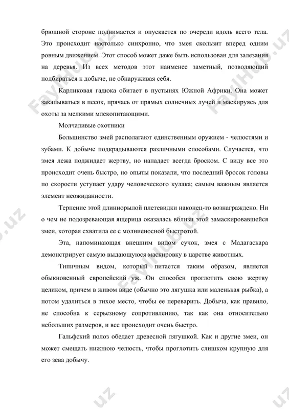 солнечных лучей и маскируясь для охоты за мелкими млекопитающими. молчаливые охотники большинство змей располагают единственным оружием - челюстями и зубами. к добыче подкрадываются различными способами. случается, что змея лежа поджидает жертву, но нападает всегда броском. с виду все это происходит очень быстро, но опыты показали, что последний бросок головы по скорости уступает удару человеческого кулака; самым важным является элемент неожиданности. терпение этой длиннорылой плетевидки наконец-то вознаграждено. ни о чем не подозревающая ящерица оказалась вблизи этой замаскировавшейся змеи, которая схватила ее с молниеносной быстротой. эта, напоминающая внешним видом сучок, змея с мадагаскара демонстрирует самую выдающуюся маскировку в царстве животных. типичным видом, который питается таким образом, является обыкновенный европейский уж. он способен проглотить свою жертву целиком, причем в живом виде (обычно это лягушка или маленькая рыбка), а потом удалиться в тихое место, чтобы ее переварить. добыча, как правило, не способна к серьезному сопротивлению, так как она относительно небольших размеров, и все происходит …