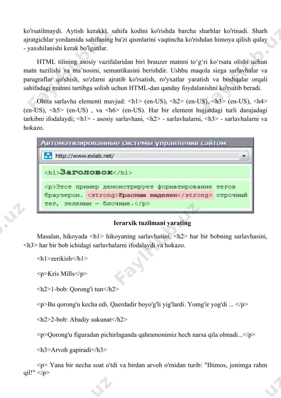 h ajratgichlar yordamida sahifaning ba'zi qismlarini vaqtincha ko'rishdan himoya qilish qulay - yaxshilanishi kerak bo'lganlar. html tilining asosiy vazifalaridan biri brauzer matnni to‘g‘ri ko‘rsata olishi uchun matn tuzilishi va ma’nosini, semantikasini berishdir. ushbu maqola sizga sarlavhalar va paragraflar qo'shish, so'zlarni ajratib ko'rsatish, ro'yxatlar yaratish va boshqalar orqali sahifadagi matnni tartibga solish uchun html-dan qanday foydalanishni ko'rsatib beradi. oltita sarlavha elementi mavjud: (en-us), (en-us), (en-us), (en-us), (en-us) , va (en-us). har bir element hujjatdagi turli darajadagi tarkibni ifodalaydi; - asosiy sarlavhani, - sarlavhalarni, - sarlavhalarni va hokazo. ierarxik tuzilmani yarating masalan, hikoyada hikoyaning sarlavhasini, har bir bobning sarlavhasini, har bir bob ichidagi sarlavhalarni ifodalaydi va hokazo. zerikish kris mills 1-bob: qorong'i tun bu qorong'u kecha edi. qaerdadir boyo'g'li yig'lardi. yomg'ir yog'di ... 2-bob: abadiy sukunat qorong'u figuradan pichirlaganda qahramonimiz hech narsa qila olmadi... arvoh gapiradi yana bir necha soat o'tdi va birdan arvoh o'rnidan turib: "iltimos, jonimga rahm qil!" hammasi sizga …