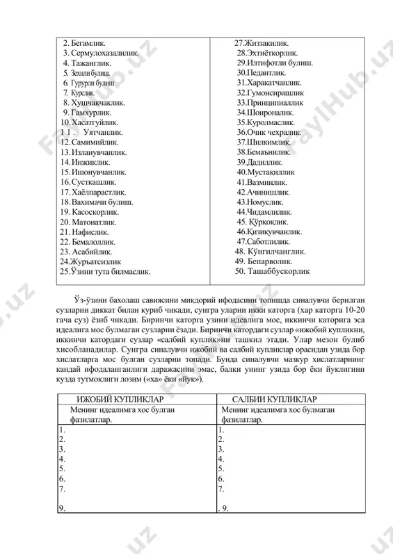 иллик. 40.мустақиллик 41.вазминлик. 42.ачинишлик. 43.номуслик. 44.чидамлилик. 45. қўрқоқлик. 46.қизиқувчанлик. 47.саботлилик. 48. кўнгилчанглик. 49. бепарволик. 50. ташаббускорлик ўз-ўзини бахолаш савиясини микдорий ифодасини топишда синалувчи берилган сузларни диккат билан куриб чикади, сунгра уларни икки каторга (хар каторга 10-20 гача суз) ёзиб чикади. биринчи каторга узини идеалига мос, иккинчи каторига эса идеалига мос булмаган сузларни ёзади. биринчи катордаги сузлар «ижобий купликни, иккинчи катордаги сузлар «салбий куплик»ни ташкил этади. улар мезон булиб хисобланадилар. сунгра синалувчи ижобий ва салбий купликлар орасидан узида бор хислатларга мос булган сузларни топади. бунда синалувчи мазкур хислатларнинг кандай ифодаланганлиги даражасини эмас, балки унинг узида бор ёки йуклигини кузда тутмоклиги лозим («ха» ёки «йук»). ижобий купликлар салбии купликлар менинг идеалимга хос булган фазилатлар. менинг идеалимга хос булмаган фазилатлар. 1. 1. 2. 2. 3. 3. 4. 4. 5. 5. 6. 6. 7. 7. . 9. . 9. 10. 10. м1 = м2 = менинг узимда бор ижобий фазилатлар менинг узимда бор салбий …