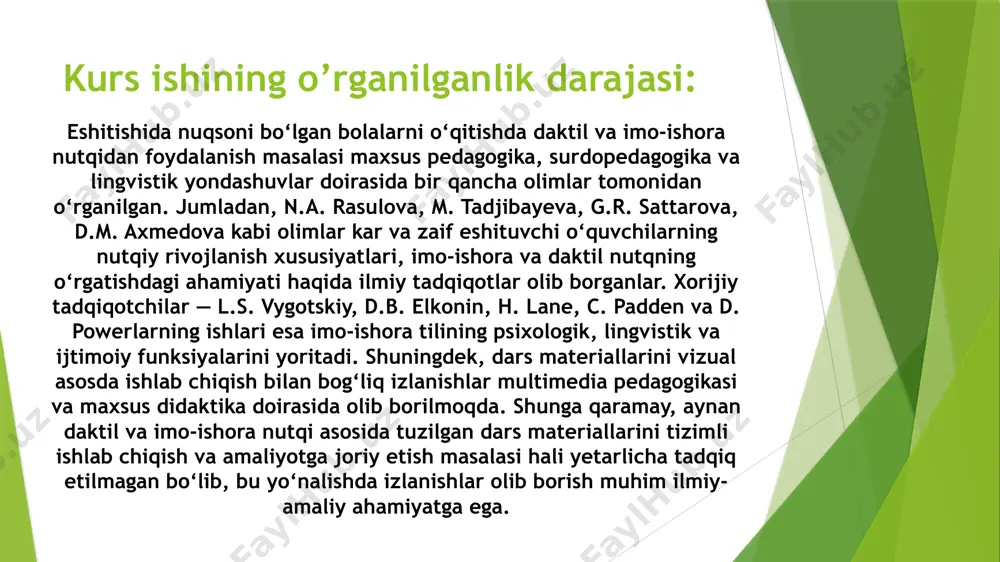 rlarni o‘qitishga alohida urinishlar sifatida o‘z xissalarini qo‘shdilar.16 e.r.karrion (1579-1652) o‘z zamondoshlari boy tajribasidan unumli foydalangan holda ularning g‘oyalarini rivojlantirar ekan, karlar ta’lim-tarbiyasida taktil-vibratsiya sezgilariga hamda eshitish qoldig‘iga tayangan holda ish olib boradi. 1.2. maxsus ta’limda daktilologiya va imo-ishora nutqining ahamiyati eshitishda nuksoni bо‘lgan bolalarning ogzaki nutkni mulokot kuroli sifatida shakllantirish maxsus tashkil etilgan ta’lim tarbiya tizimining bosh maksadi sanaladi. daktil nutqi – kar bolalarni о‘qitishning qudratli vositasi, u lug‘at boyligi va natqni о‘zlashtirish sifatini, shuningdek kar bolalarning umumiy rivojlanish darajasini bir necha barobar oshirishi mumkin. kar bolalarni tarbiyalayotgan ota-onalar va boshqa kishilar uni bola bilan muloqotda tо‘g‘ri qо‘llash uchungina emas, balki fikrlari, aniqrog‘i, bilib-bilmay chiqaradigan hukmlari bolaning tо‘la qonli tarbiyasiga xalal beradigan kishilarga uning ahamiyatini tushuntirib berish uchun ham daktil nutqning ahamiyatini tushunib yetishlari kerak. daktil nutq nima? daktil nutqni ba’zilar mimika (mimina yoki imoishora nutqi) bilan qorishtirishadi, mutaxassislar esa daktil nutqni savodi chiqmagan kar bolalarda og‘zaki nutq о‘rniga …