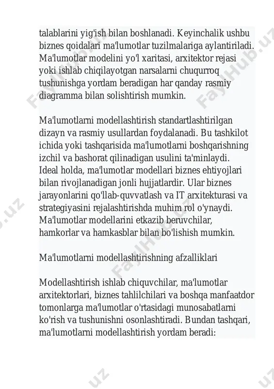 ishish mumkin. ma'lumotlarni modellashtirishning afzalliklari modellashtirish ishlab chiquvchilar, ma'lumotlar arxitektorlari, biznes tahlilchilari va boshqa manfaatdor tomonlarga ma'lumotlar o'rtasidagi munosabatlarni ko'rish va tushunishni osonlashtiradi. bundan tashqari, ma'lumotlarni modellashtirish yordam beradi: dasturiy ta'minot va ma'lumotlar bazasini ishlab chiqishda xatolar sonini kamaytirish. korxonada hujjatlarni birlashtirish. ilova va ma'lumotlar bazasi ish faoliyatini yaxshilash. tashkilotingiz bo'ylab ma'lumotlarning ko'rinishini soddalashtiring. ishlab chiquvchilar va biznes razvedka guruhlari o'rtasidagi hamkorlikni yaxshilang. ma'lumotlar bazasini loyihalash jarayonini kontseptual, mantiqiy va jismoniy darajada soddalashtiring va tezlashtiring. ma'lumotlar modellarining turlari ma'lumotlar bazalari va axborot tizimlarini ishlab chiqish yuqori darajada abstraktsiyadan boshlanadi va har bir bosqichda yanada aniqroq va aniqroq bo'ladi. abstraktsiya darajasiga ko'ra, ma'lumotlar modellarini uch toifaga bo'lish mumkin. jarayon kontseptual modeldan boshlanadi, mantiqiy modelga o'tadi va jismoniy model bilan tugaydi. ma'lumotlarning kontseptual modellari. domen modellari deb ham ataladi, ular katta rasmni tasvirlaydi: tizim nimani o'z ichiga oladi, u qanday tashkil qilinadi va qanday biznes qoidalarini o'z ichiga oladi. kontseptual modellar odatda …