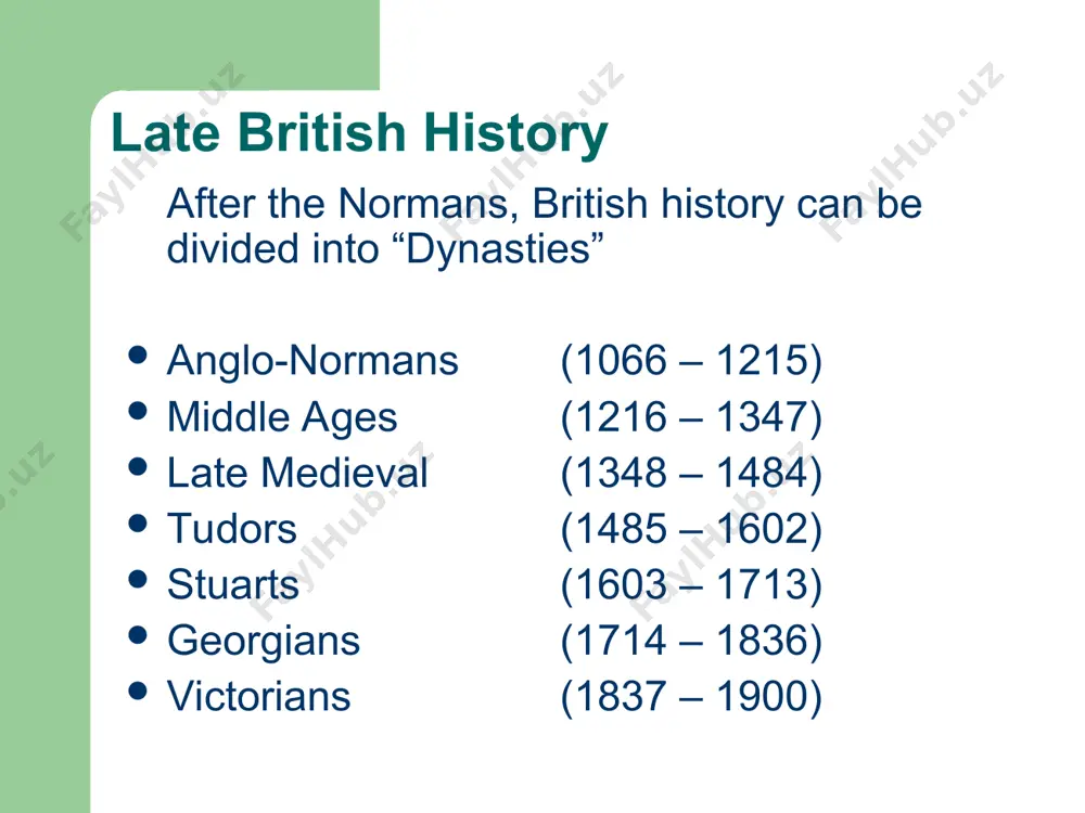 ments, it was replaced by latin, then by norman-french. written english slowly reappeared in the 13th century. knights & feudalism feudalism originated in france, and was brought to england by the normans the obligations and relations between lord, vassal and fief form the basis of feudalism lords (land owners), vassals (knights) fiefs (land). in exchange for use of the fief, the vassal would provide military service to the lord. knights were supported by peasants who worked to produce food and ideologically supported by the church. the domesday book (1086) the domesday book was the result of a great survey by william i he sent officials to 13,418 places to find out who lived there and what they owned. the purpose of the survey was for tax collection, or possibly as a way of resolving disputed titles and lands. domesday was the most complete record of any country at that time …